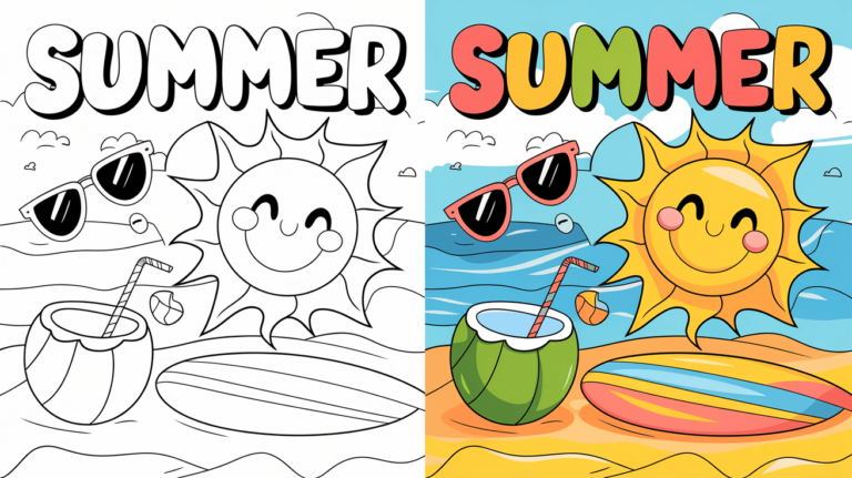 Summer Coloring Page Cover, Left Side Black And White, Right Side Colored In A Fun, Nature-Filled Scene.
