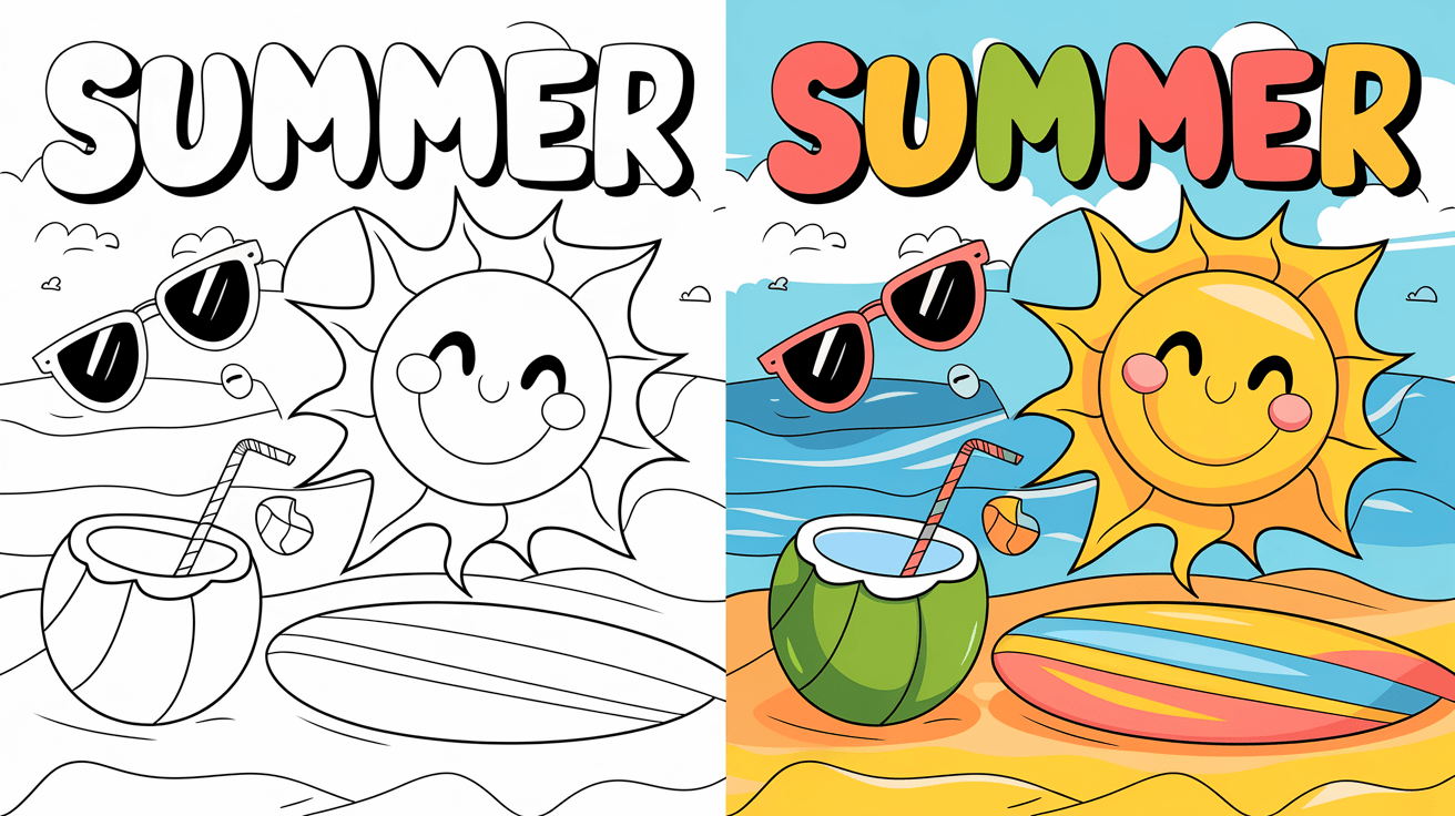 Summer Coloring Page Cover, Left Side Black And White, Right Side Colored In A Fun, Nature-Filled Scene.