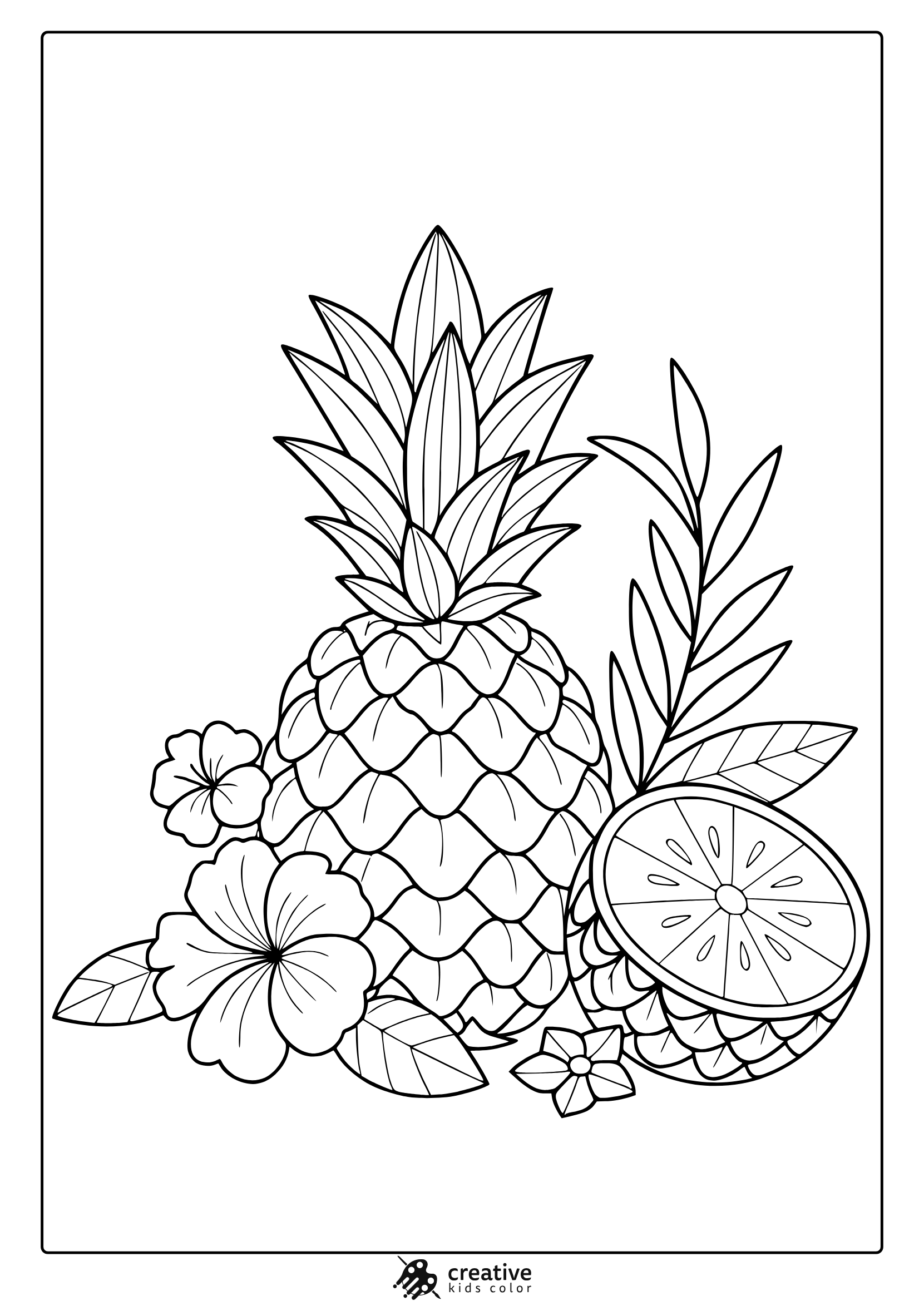 Tropical Pineapple Coloring Page With Citrus, Hibiscus Flowers, And Leafy Plants For July Vibes.