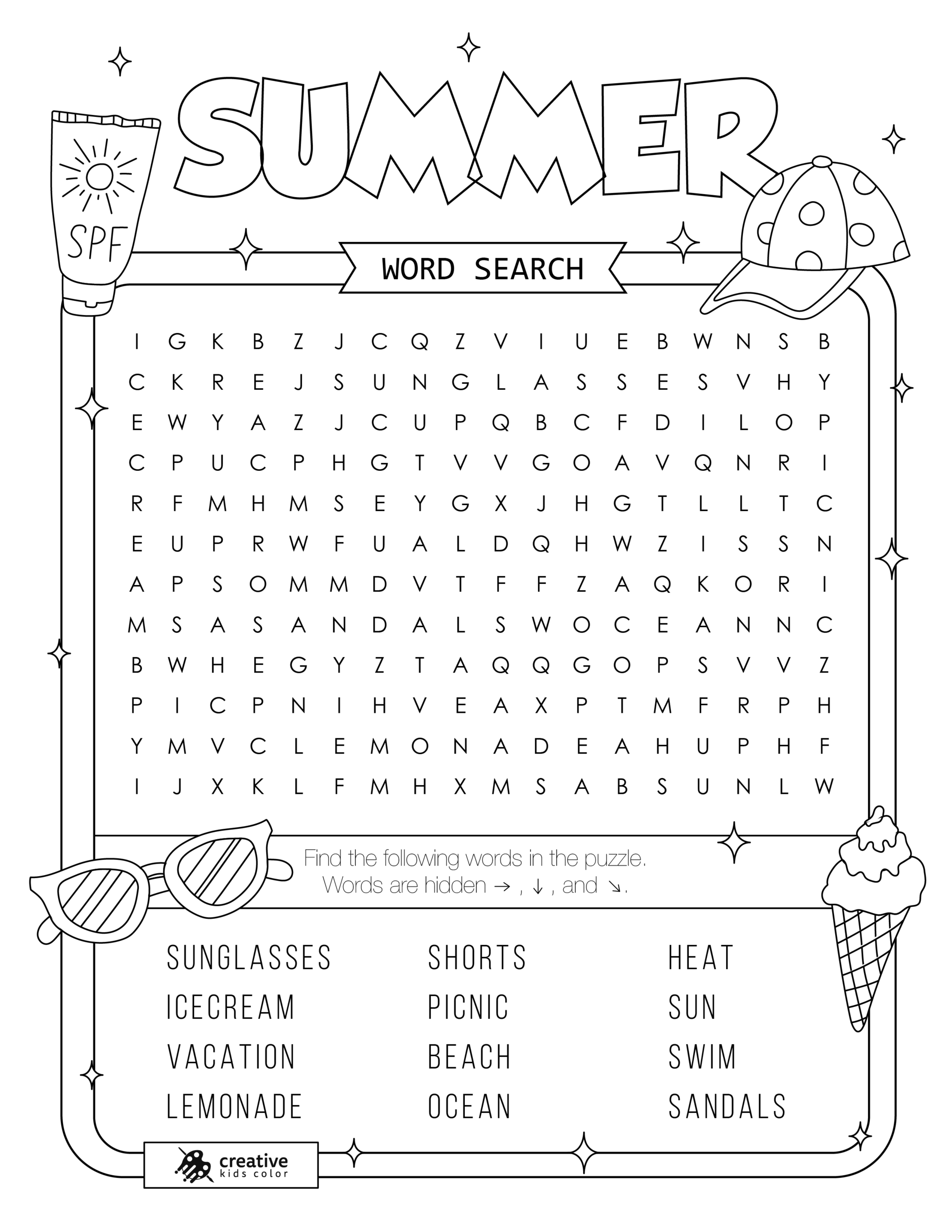 Free printable Summer word search puzzle with 12 words from sun to beach.