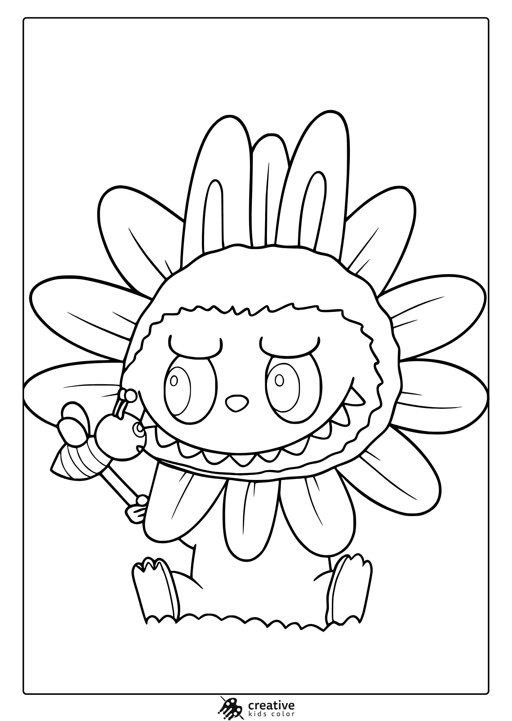 Labubu With Flower-Petal Head And Wide Grin In A Playful Flower-Themed Coloring Page.