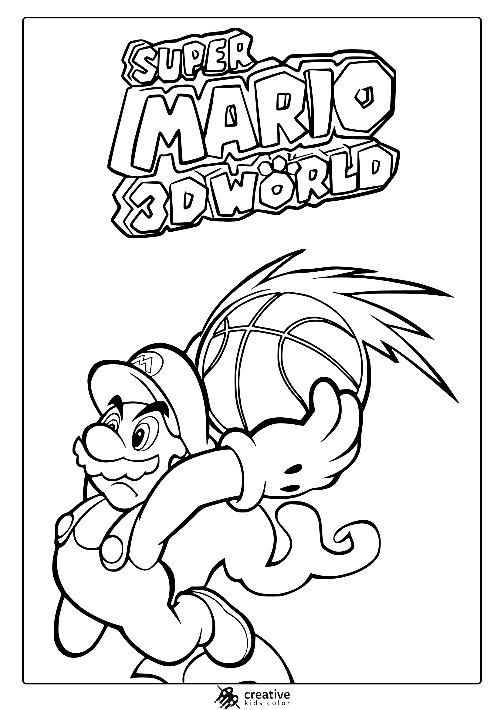 Coloring Page With Mario From Super Mario 3D World Facing A Dynamic, Spiky Creature.