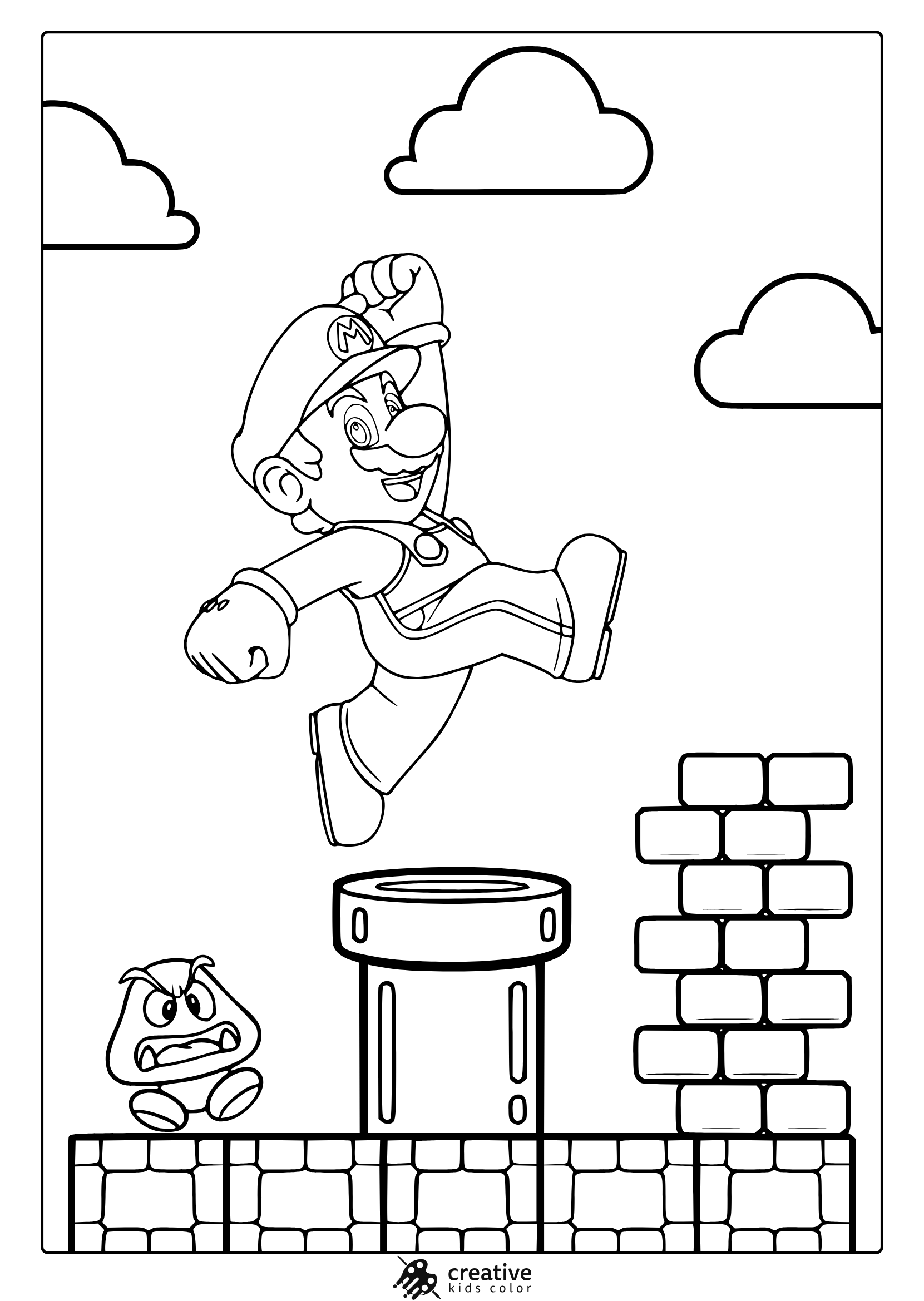 Coloring Page Of Mario Jumping Over A Pipe With A Goomba And Clouds In The Background.