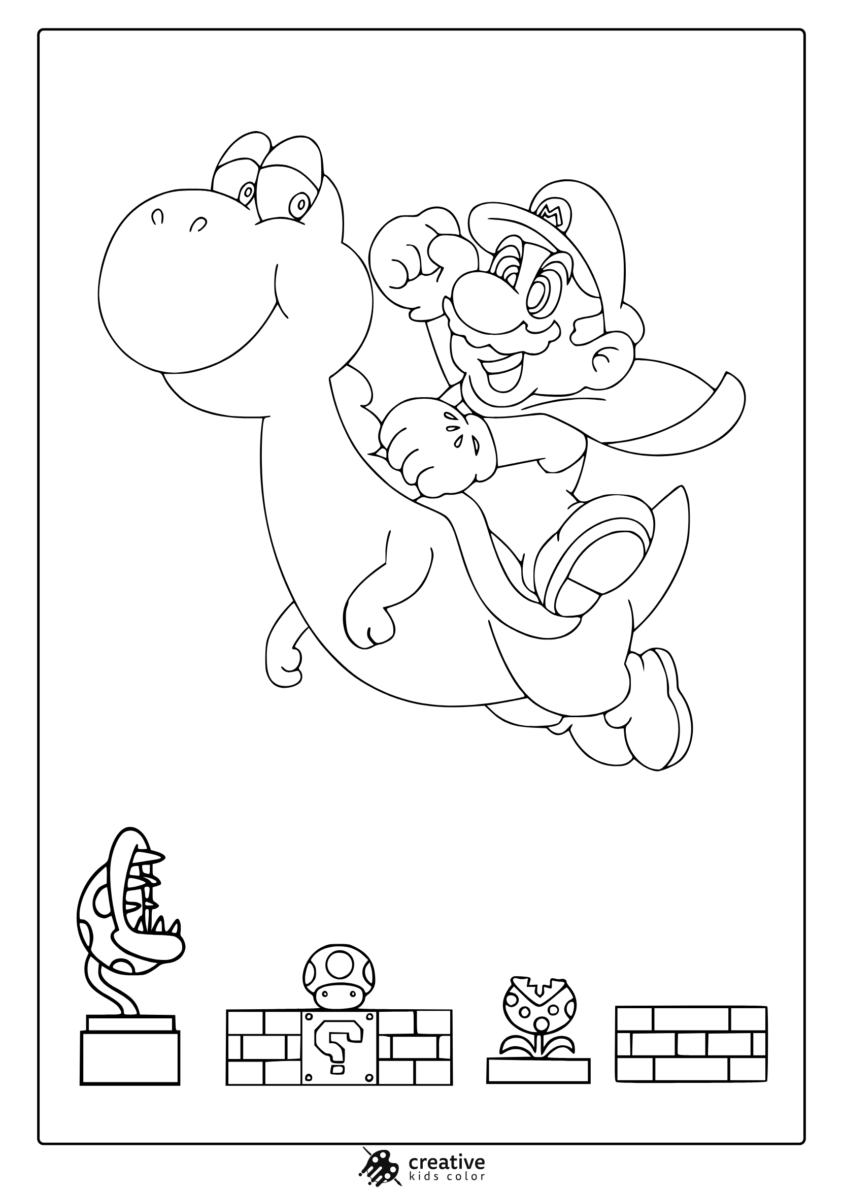 Coloring Page With Mario Riding Yoshi And Small Power-Ups Beneath Them.