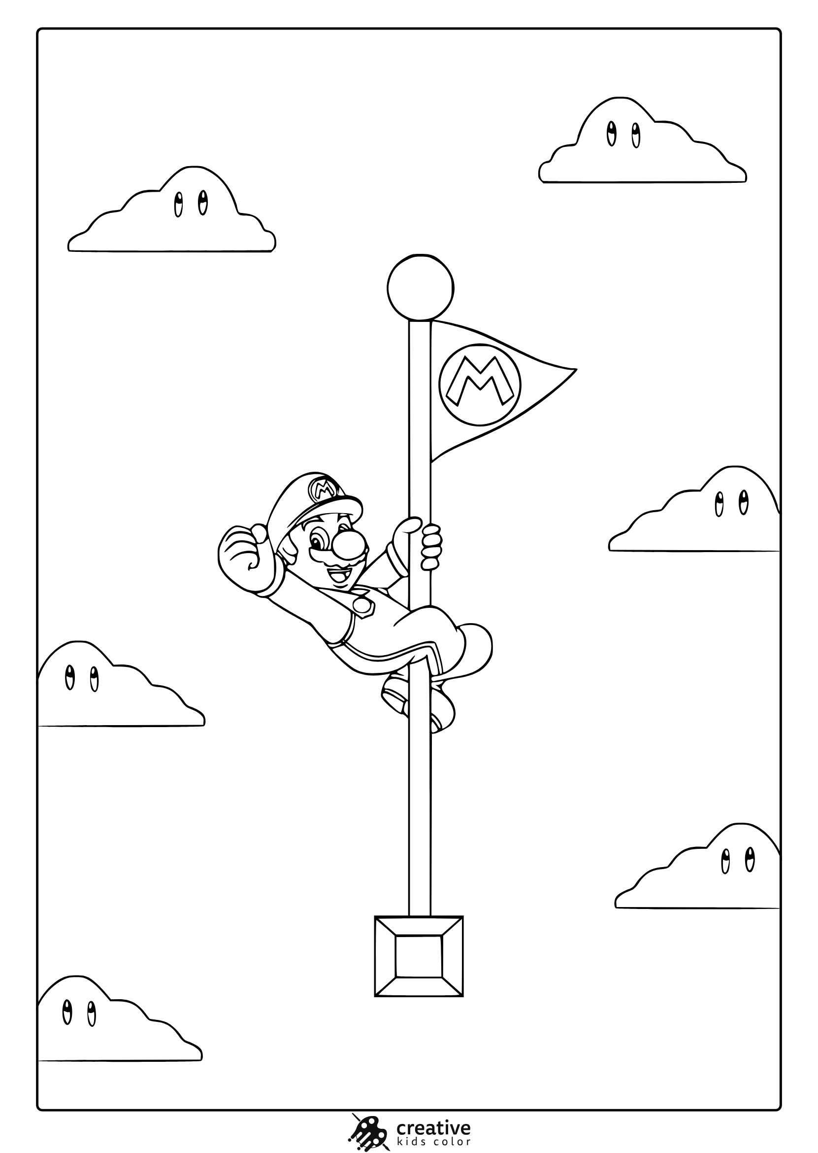 Coloring Page With Mario Climbing A Flagpole And Clouds With Faces In A Playful Style.