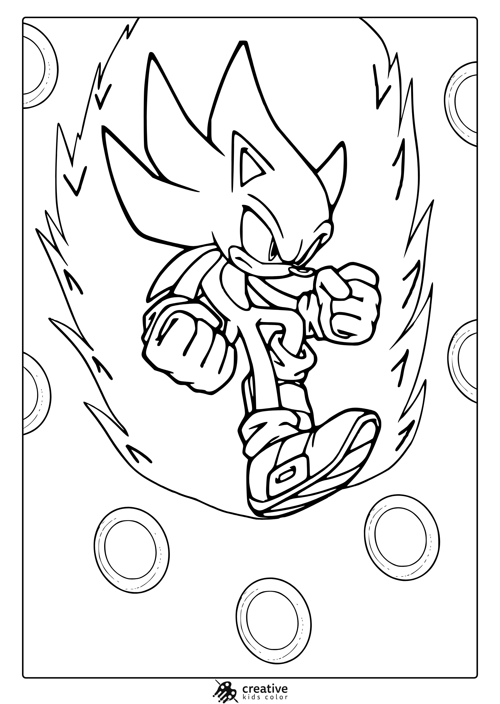 Coloring Page With Super Sonic Surrounded By Lightning And Energy Rings.