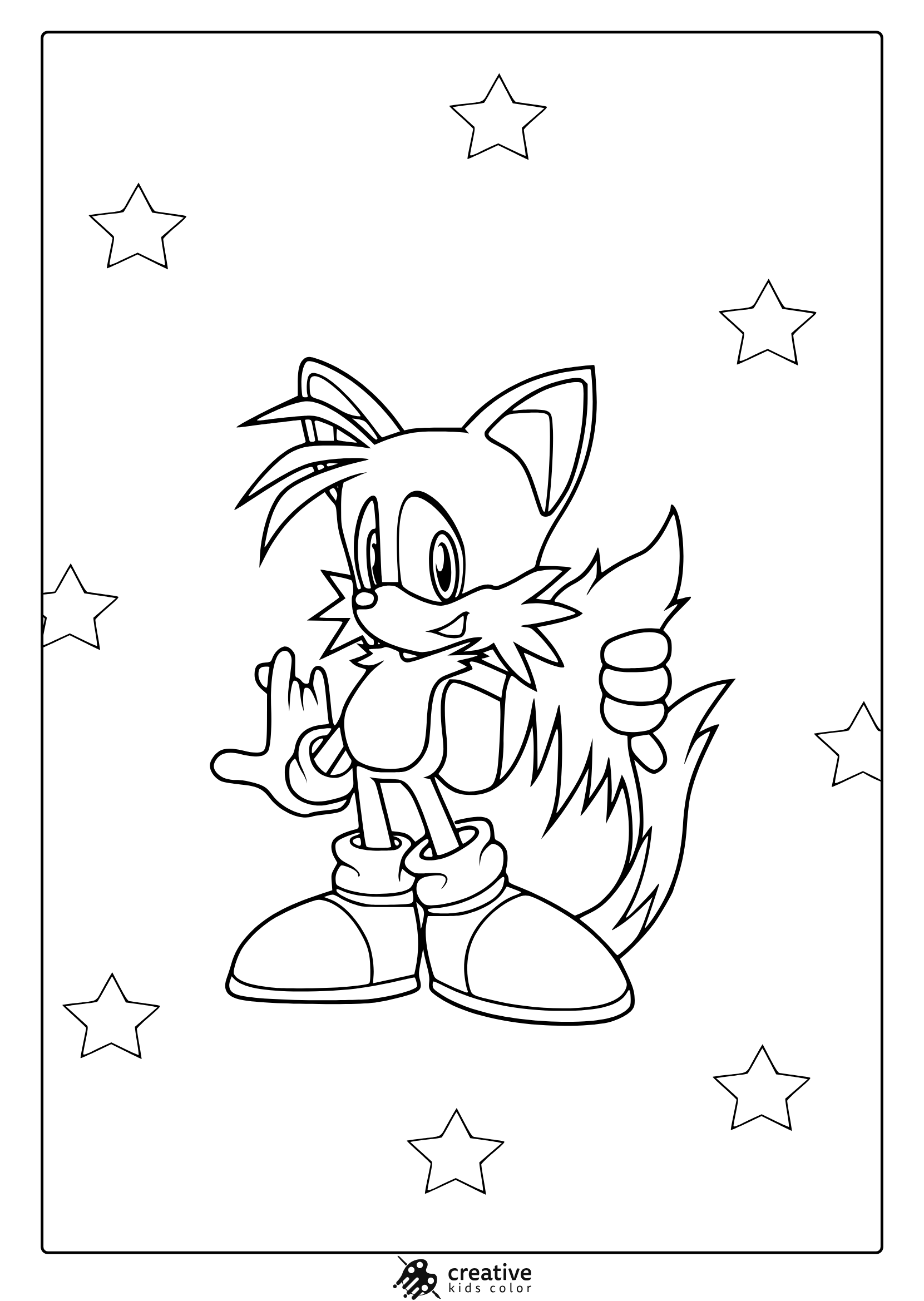 Coloring Page With Tails In Center Frame And Whimsical Star Pattern Behind.