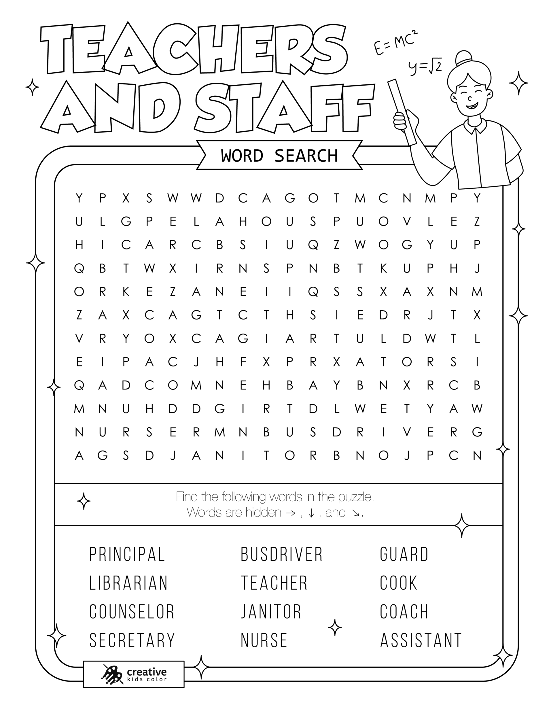 Free printable Teachers and Staff word search puzzle with 12 roles from teacher to guard.