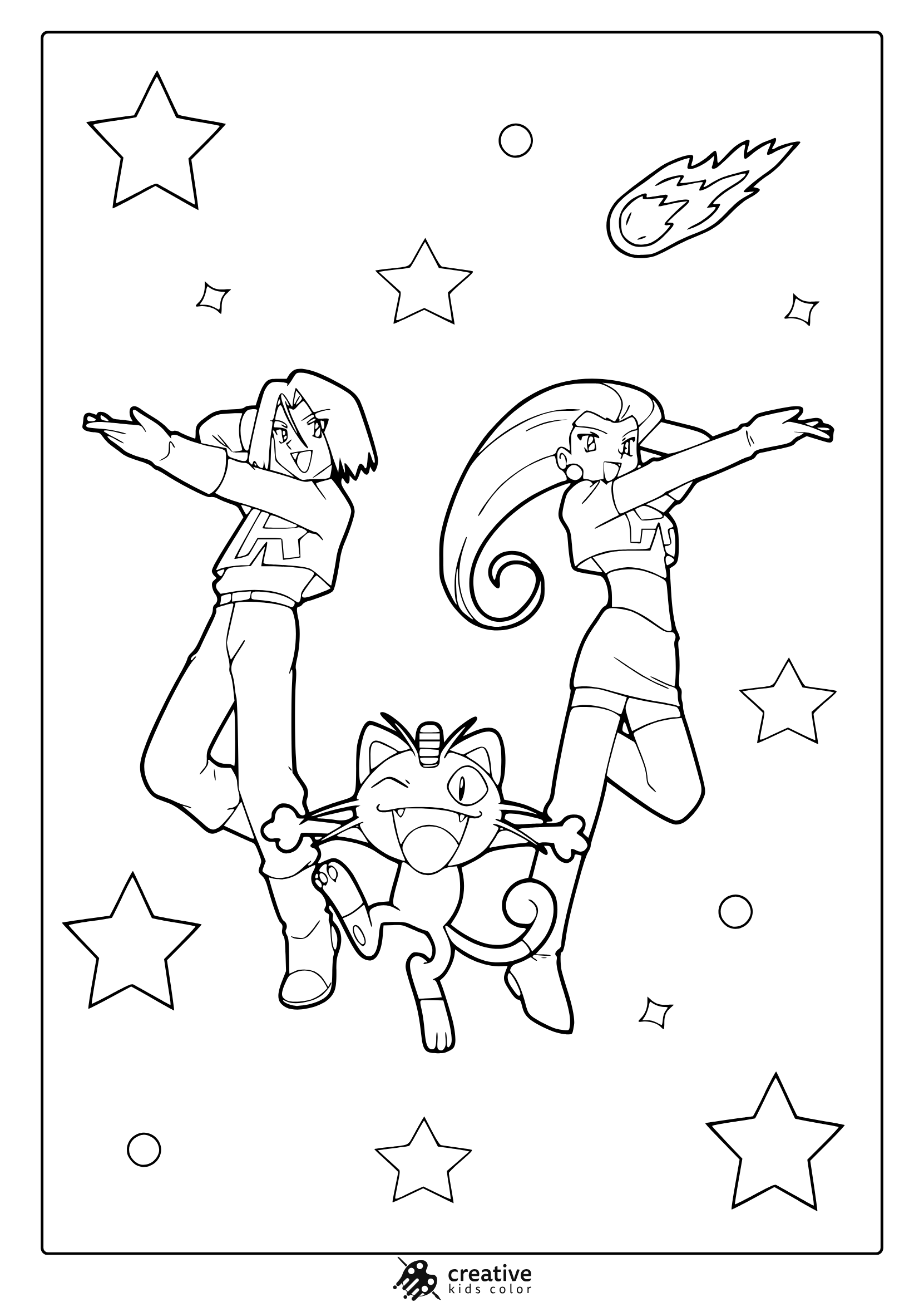Jessie, James, And Meowth Jumping With Stars And Comet On A Dynamic Pokémon Coloring Page.