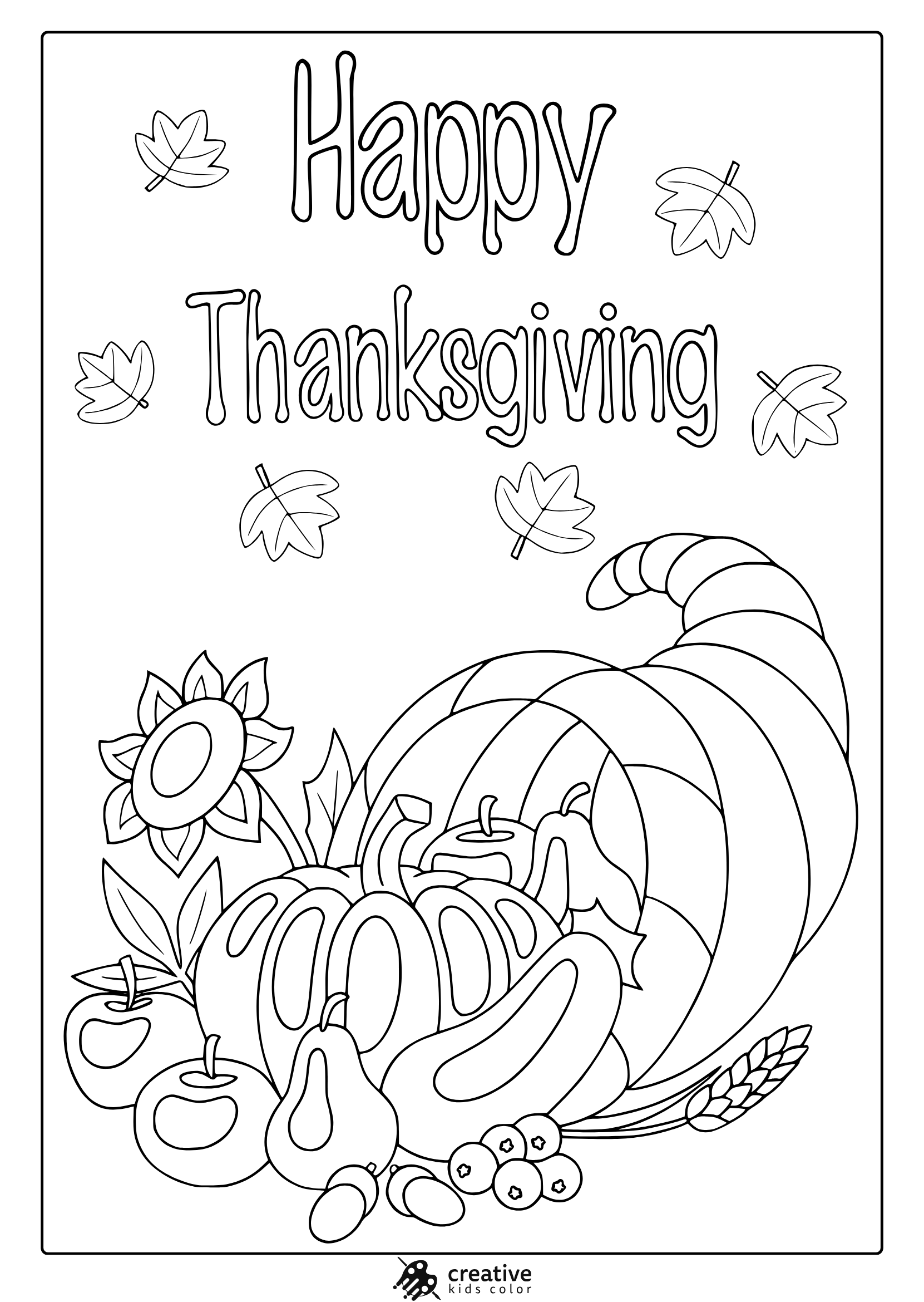 Thanksgiving cornucopia coloring page with pumpkin, apples, grapes, pear, sunflower, and wheat.