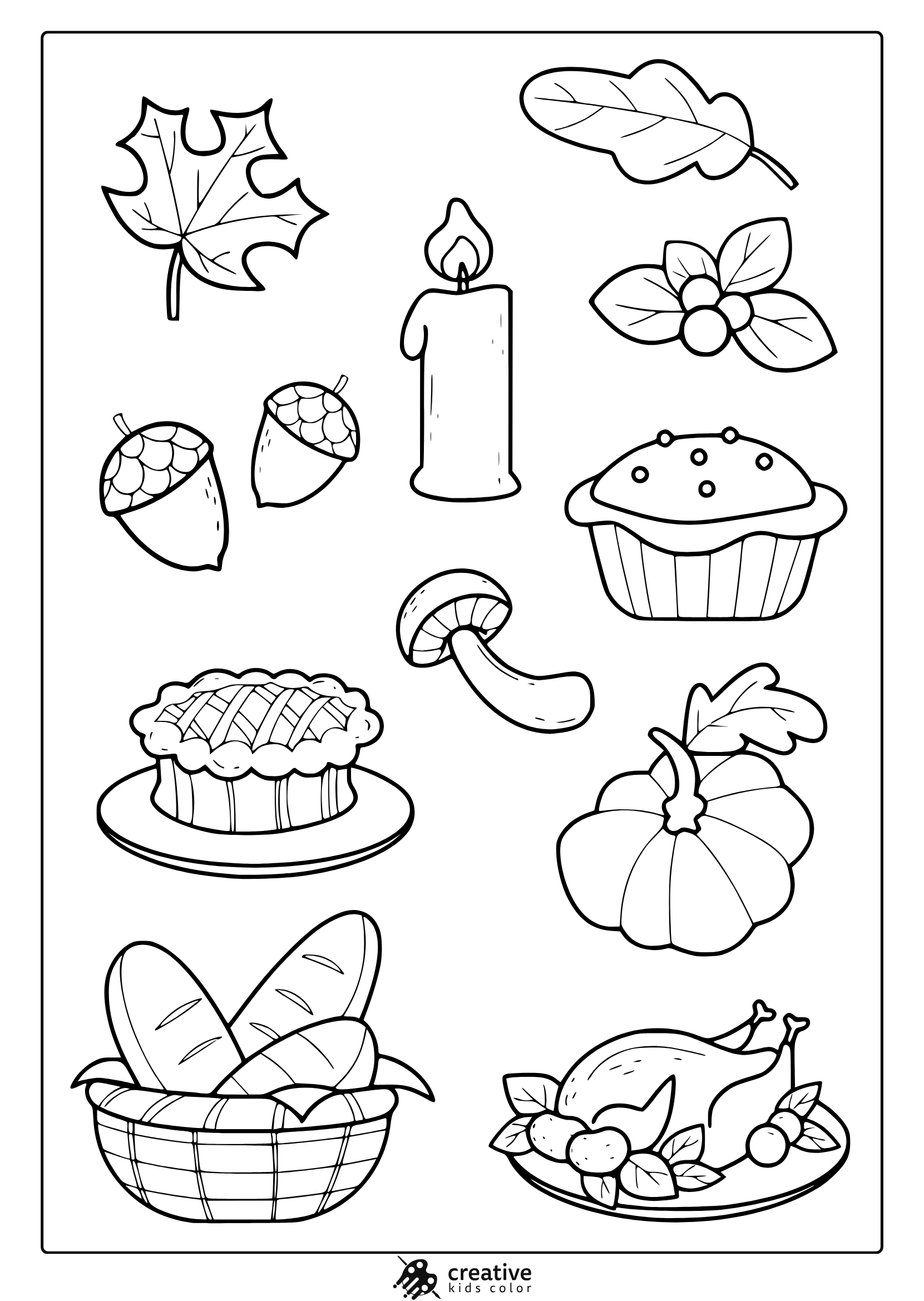 Thanksgiving elements coloring page with turkey dinner, pie, pumpkin, leaves, acorns, and basket.