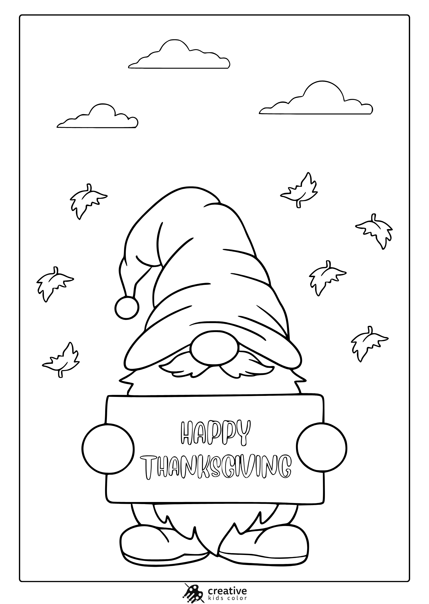 Thanksgiving gnome coloring page with pointed hat, falling leaves, clouds, and festive sign.