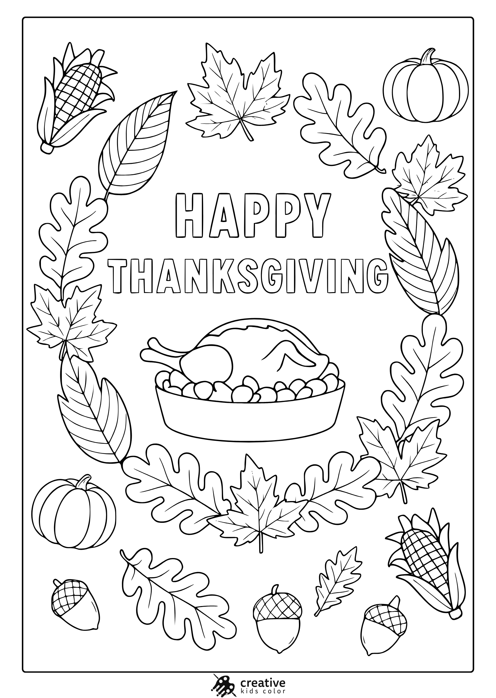 Thanksgiving leaves coloring page with turkey, pumpkins, acorns, and autumn wreath design.