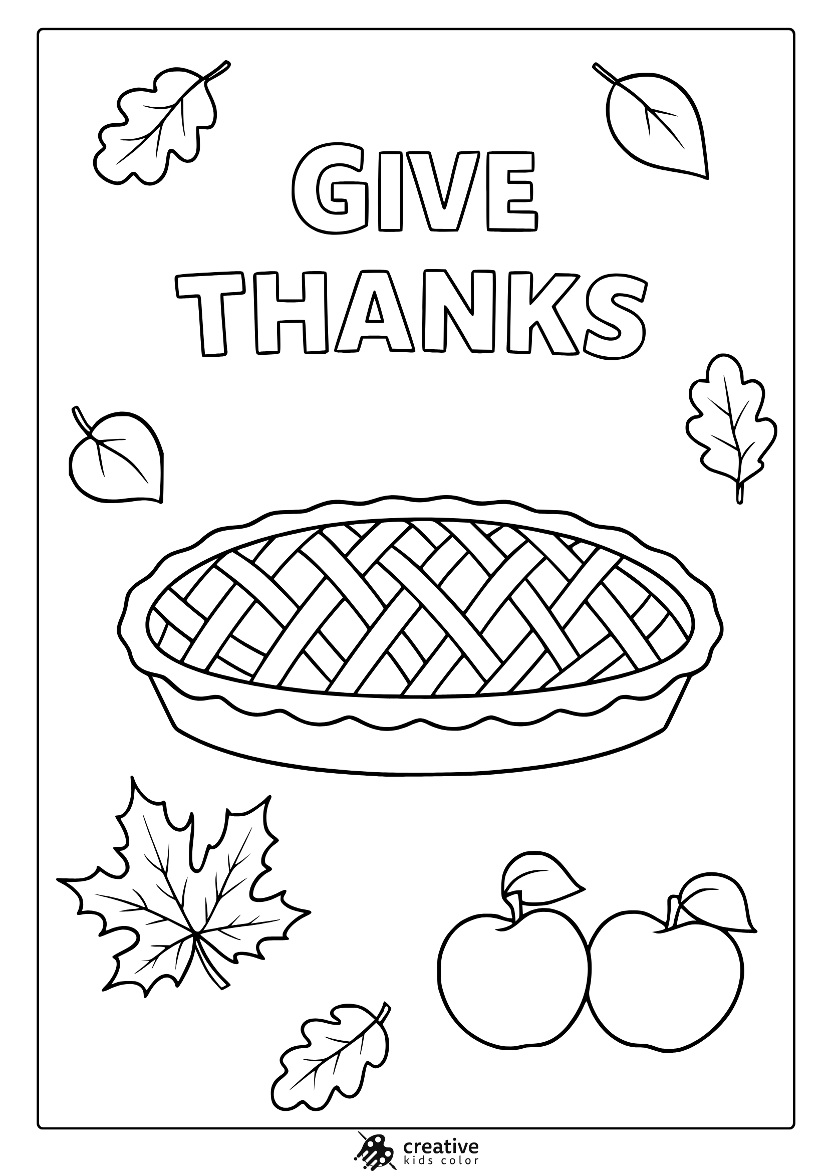 Thanksgiving pumpkin pie coloring page with Give Thanks text, apples, and detailed lattice crust.