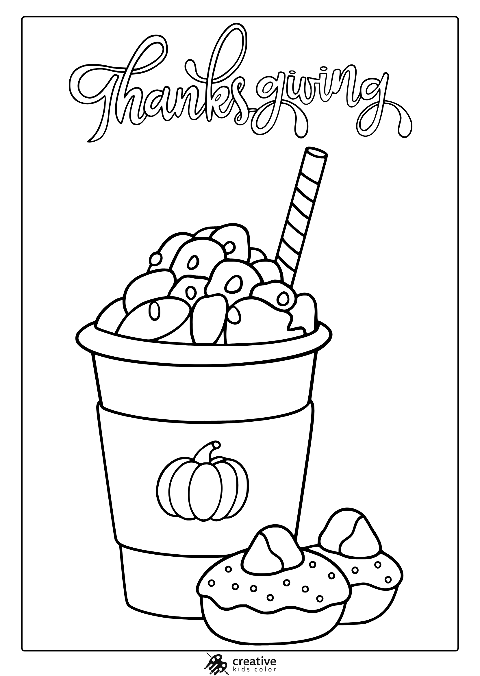 Thanksgiving Pumpkin Spice Latte coloring page with cup, whipped cream, donuts and festive text.