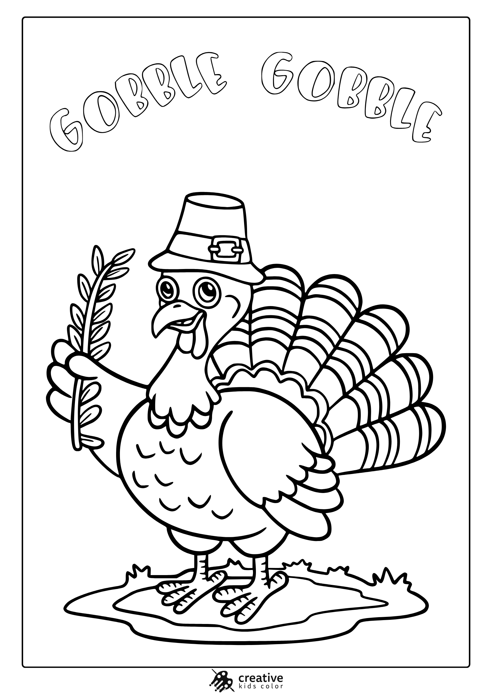Thanksgiving turkey coloring page with Gobble Gobble text, pilgrim hat, wheat stalk, and feather details.