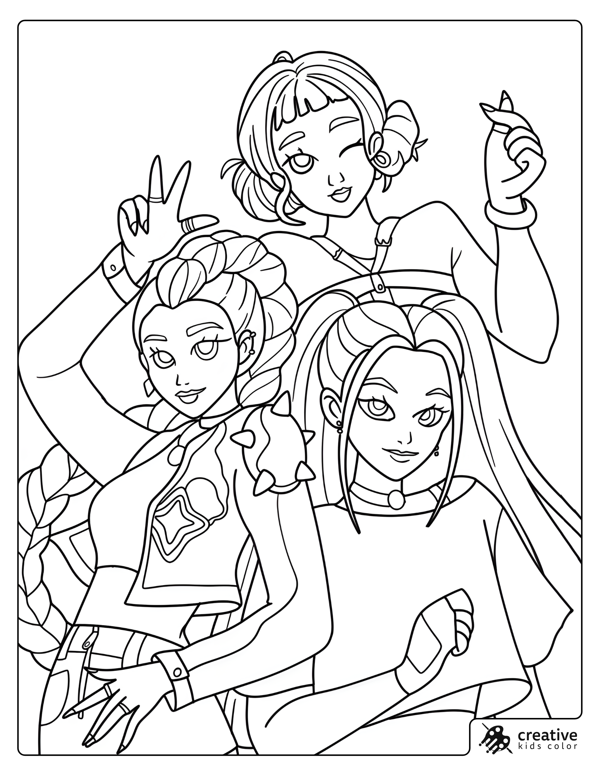 Huntrix Girls Trio Coloring Page With Mira Rumi And Zoey Posing Together