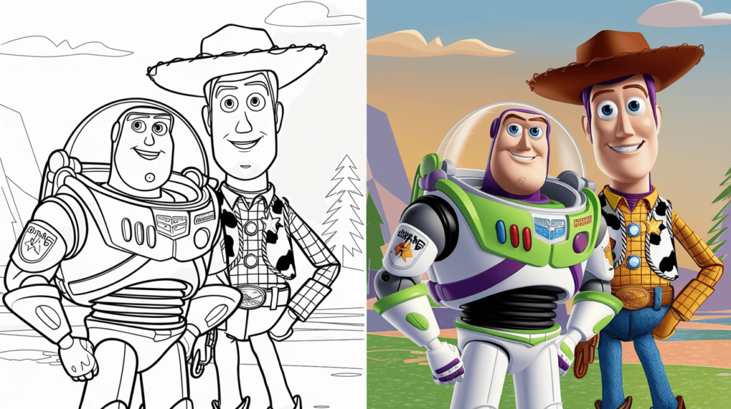 Toy Story Coloring Page Cover, Left Side Is Black And White, Right Side Is Colored With A Fun, Nature-Filled Scene.