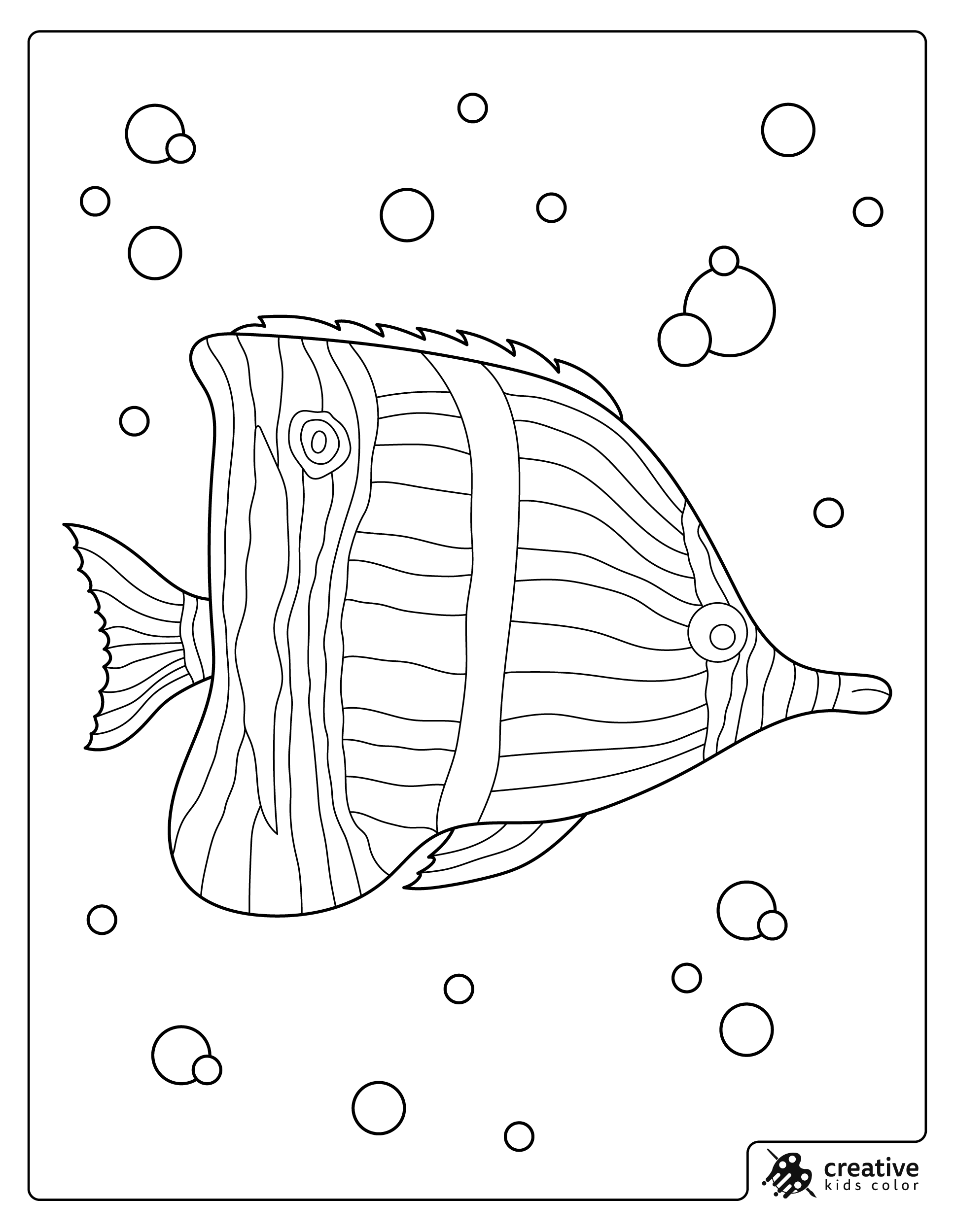 Fish Coloring Page Showing A Tropical Fish Swimming Underwater With Bubbles.