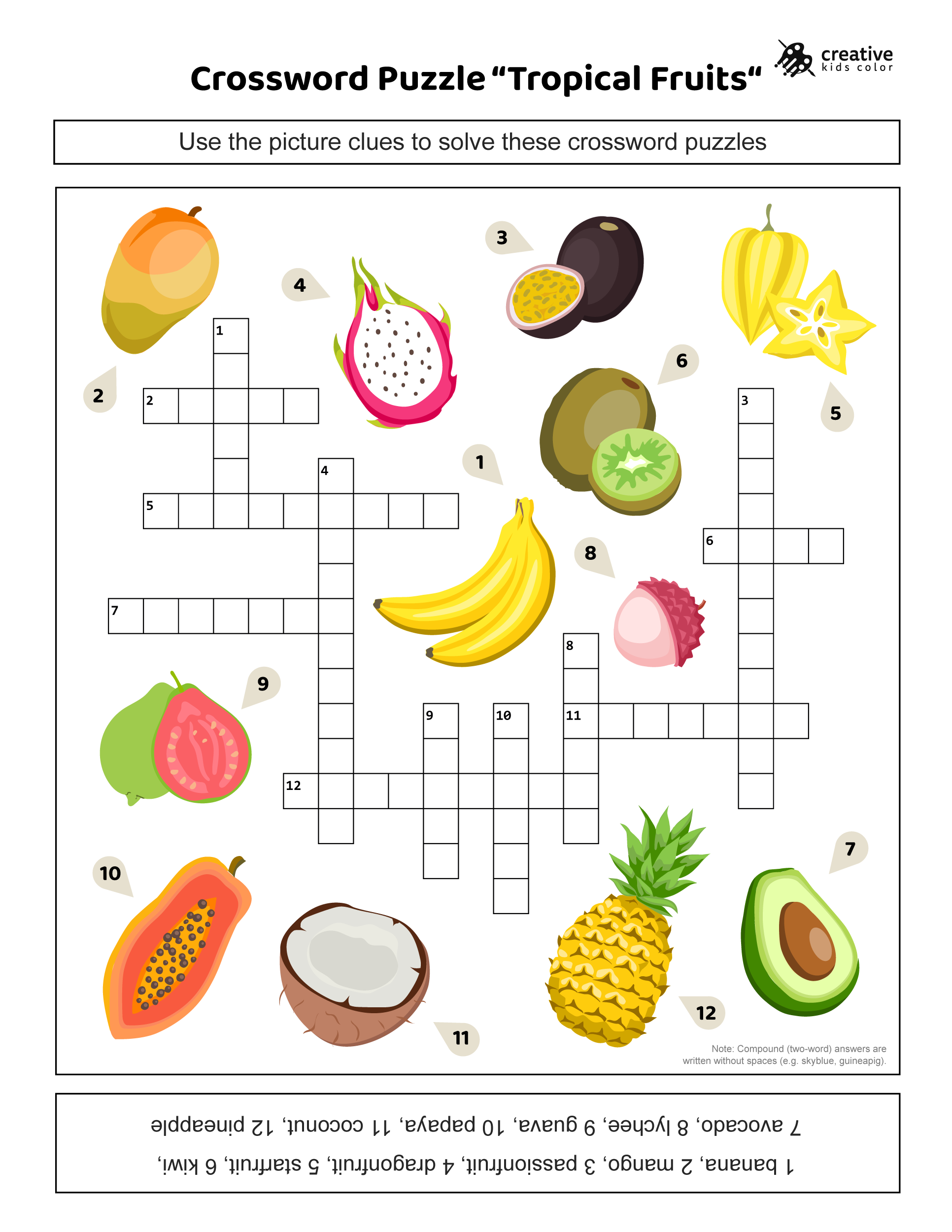 Free printable tropical fruits crossword puzzle for all ages.