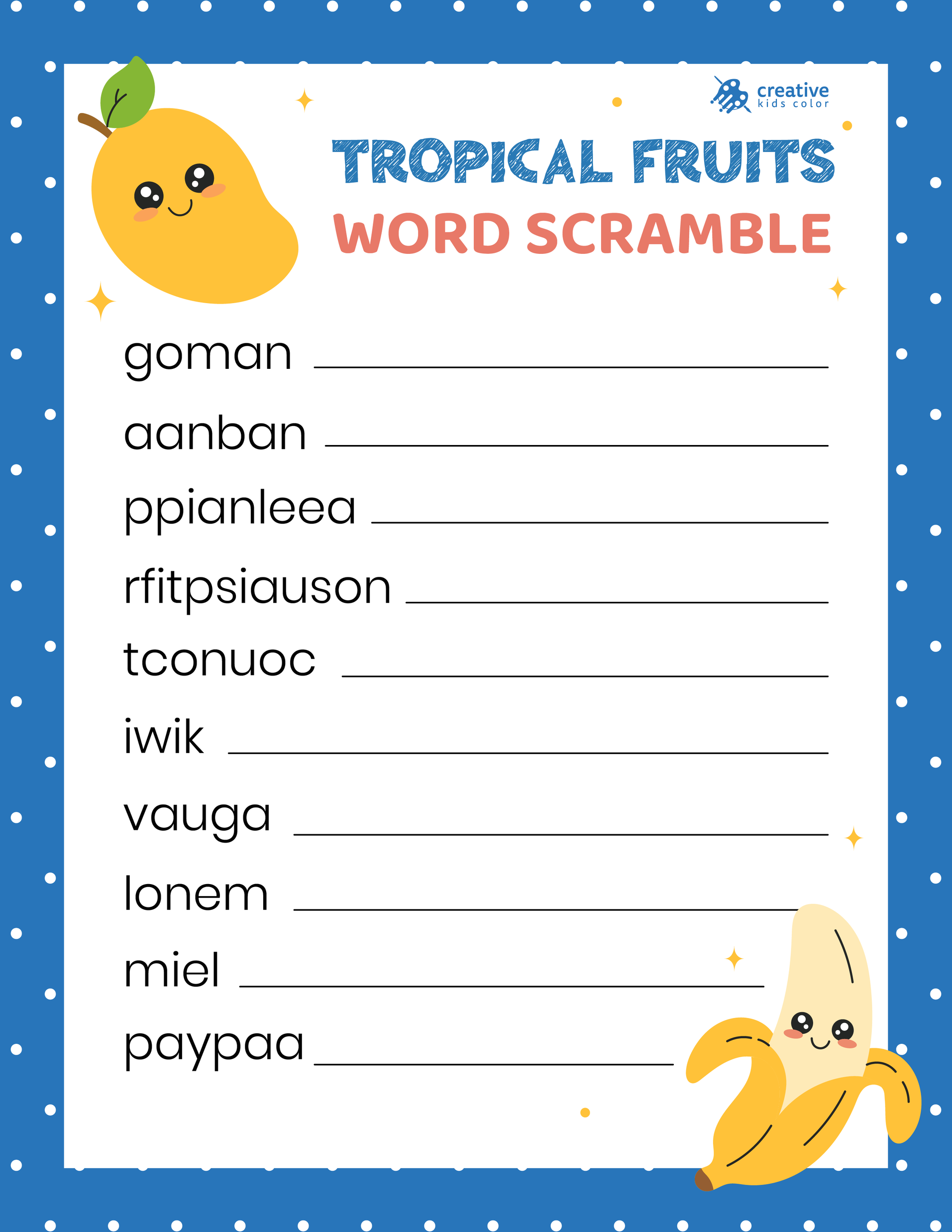 Free printable Tropical Fruits Word Scramble for fruit lovers who enjoy exotic challenges.