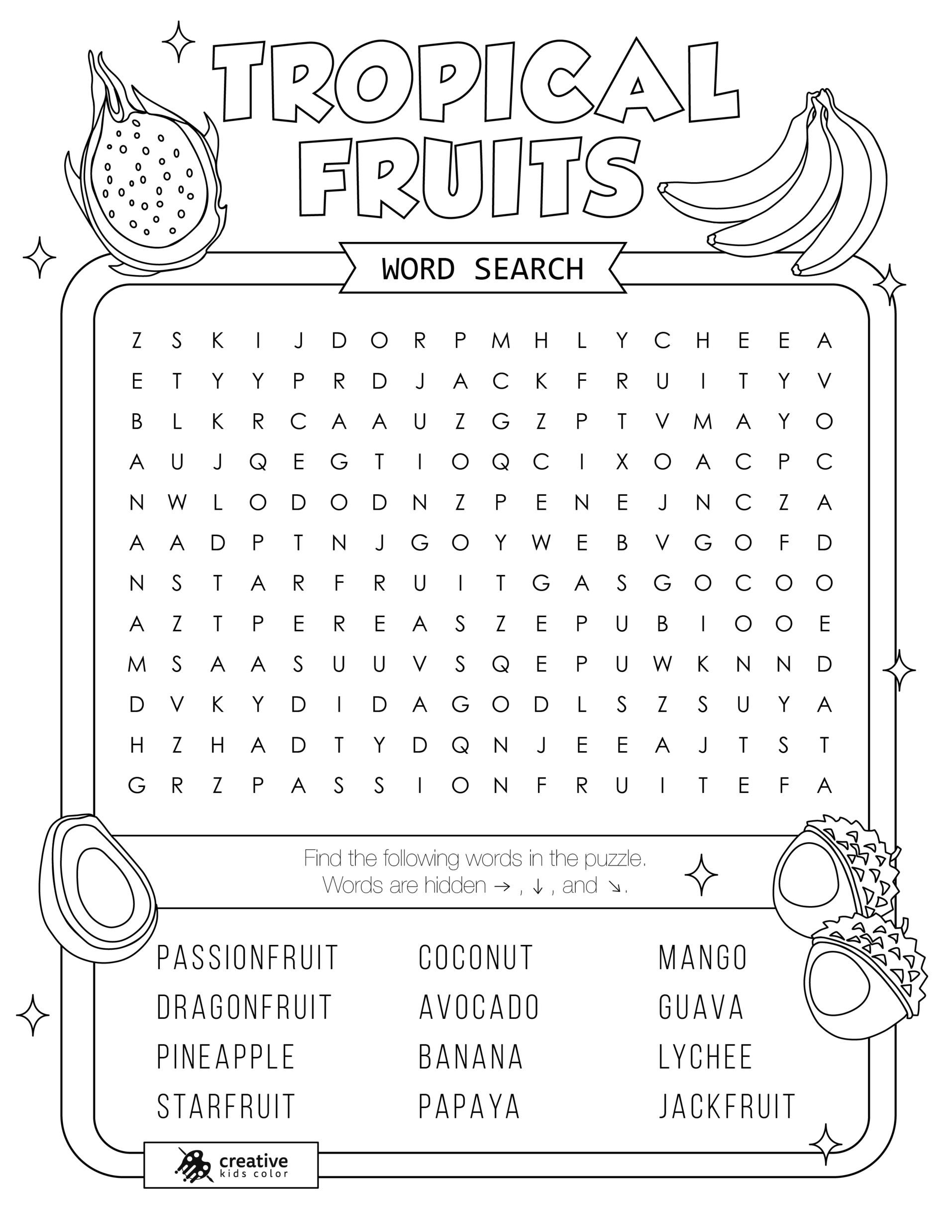 Free printable Tropical Fruits word search puzzle with 12 fruits from mango to papaya.
