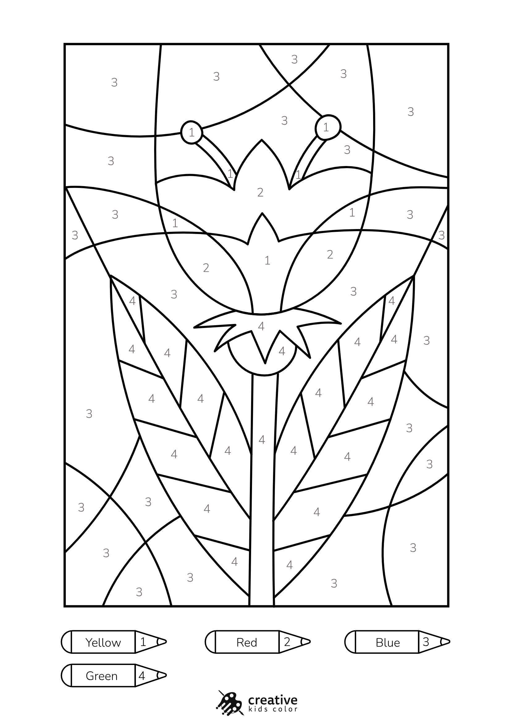 Tulip Color By Number Coloring Page Featuring A Single Blooming Tulip With A Long Stem And Pointed Leaves.