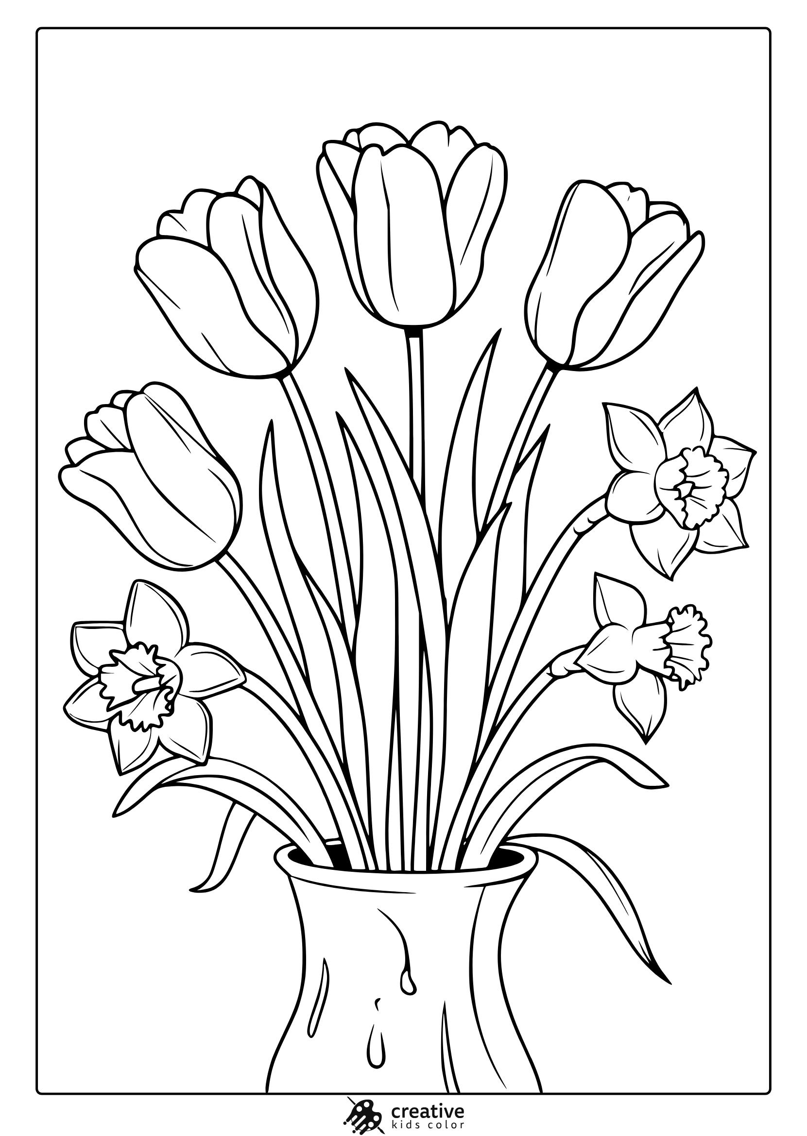 Spring Flower Coloring Page Featuring A Vase With Tulips And Daffodils, Great For A Creative And Relaxing Coloring Session.