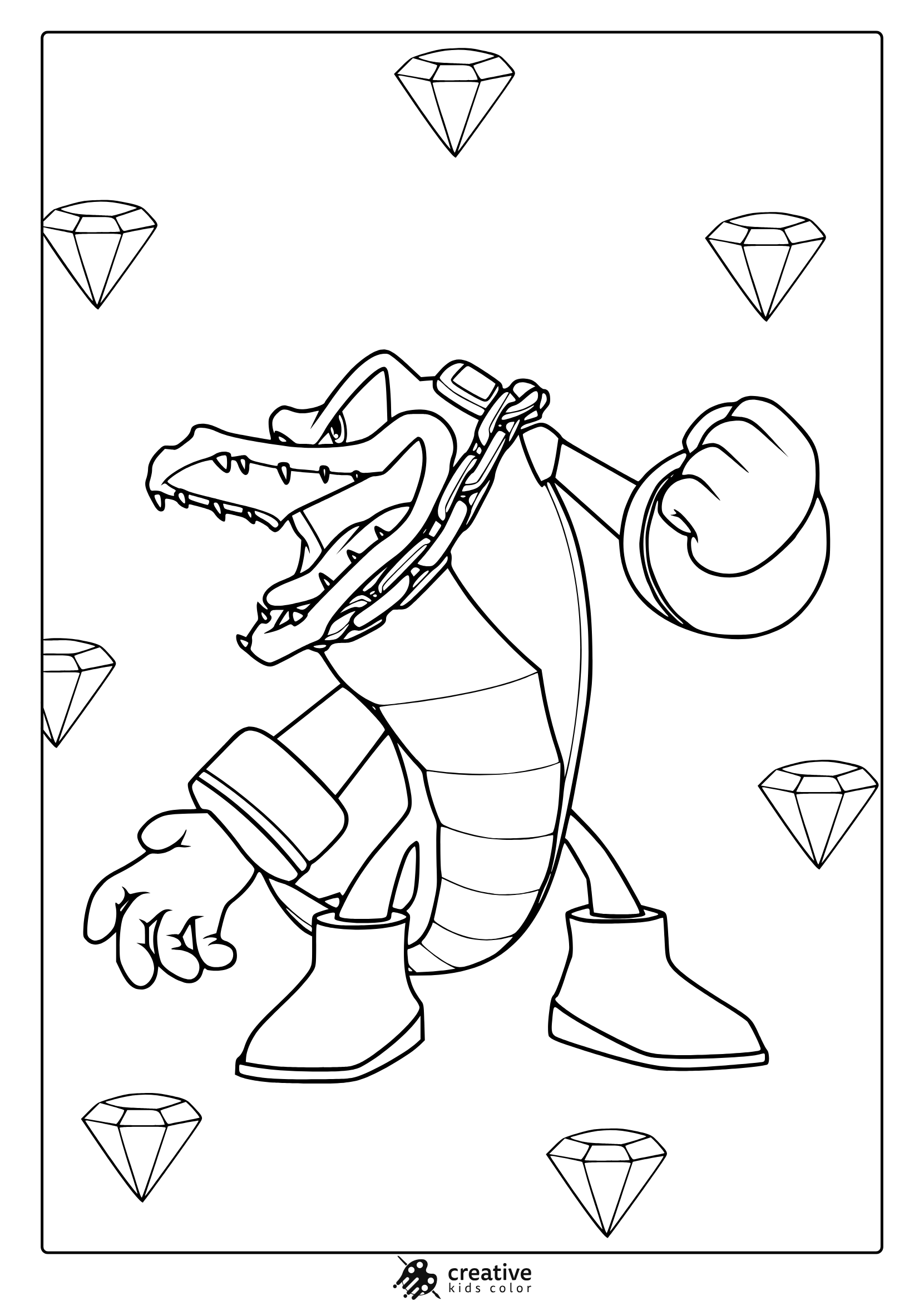 Coloring Page With Vector The Crocodile In Attack Pose And Diamond Background.