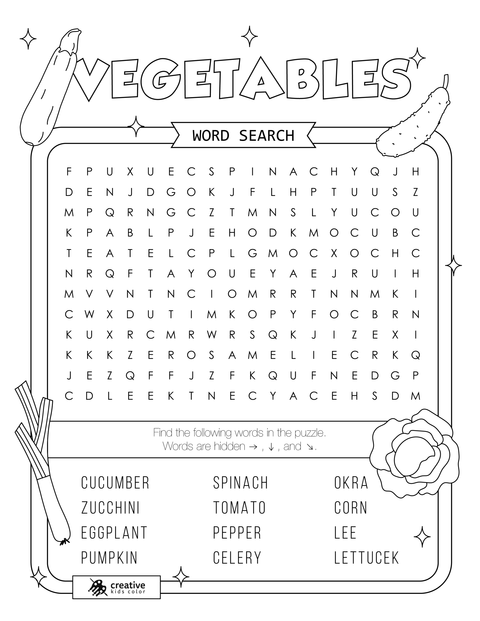 Free printable Vegetables word search puzzle with 12 words from tomato to corn.