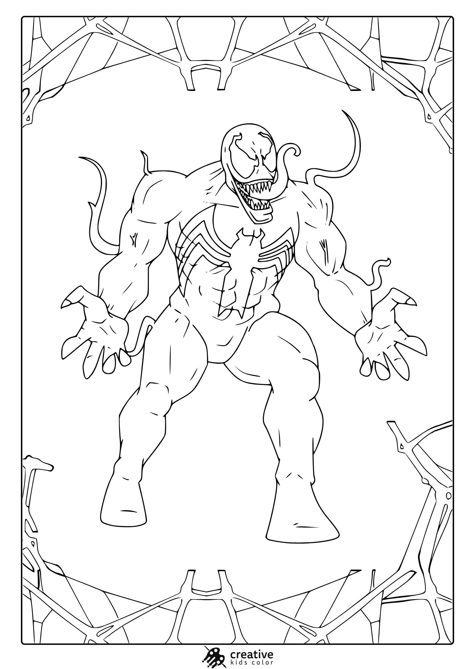 Venom In Action Coloring Page Featuring Dynamic Web Frame And Detailed Symbiote Suit Design With Clawed Pose.