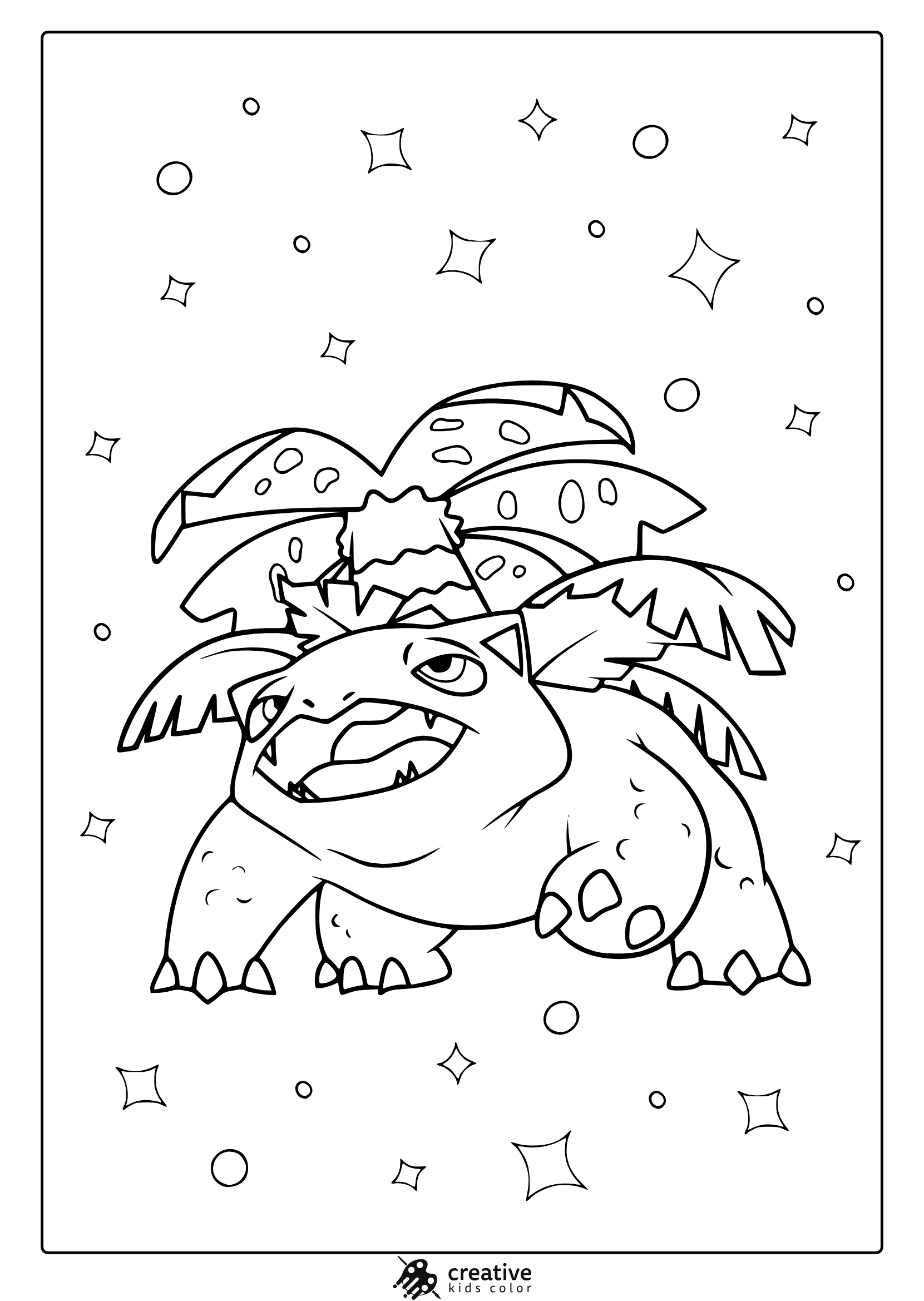 Venusaur With Star Accents In A Chunky, Cartoon Style Pokémon Coloring Page.
