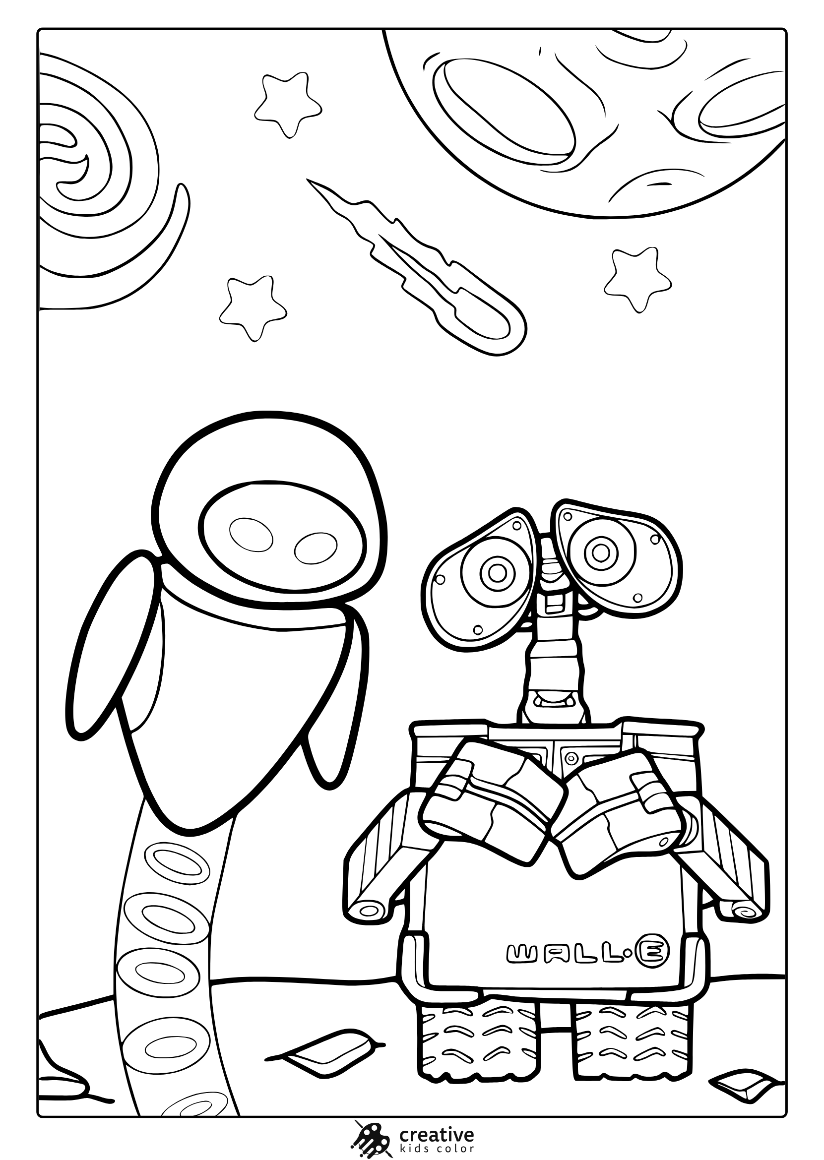Wall-E And Eve Coloring Page Standing Together.