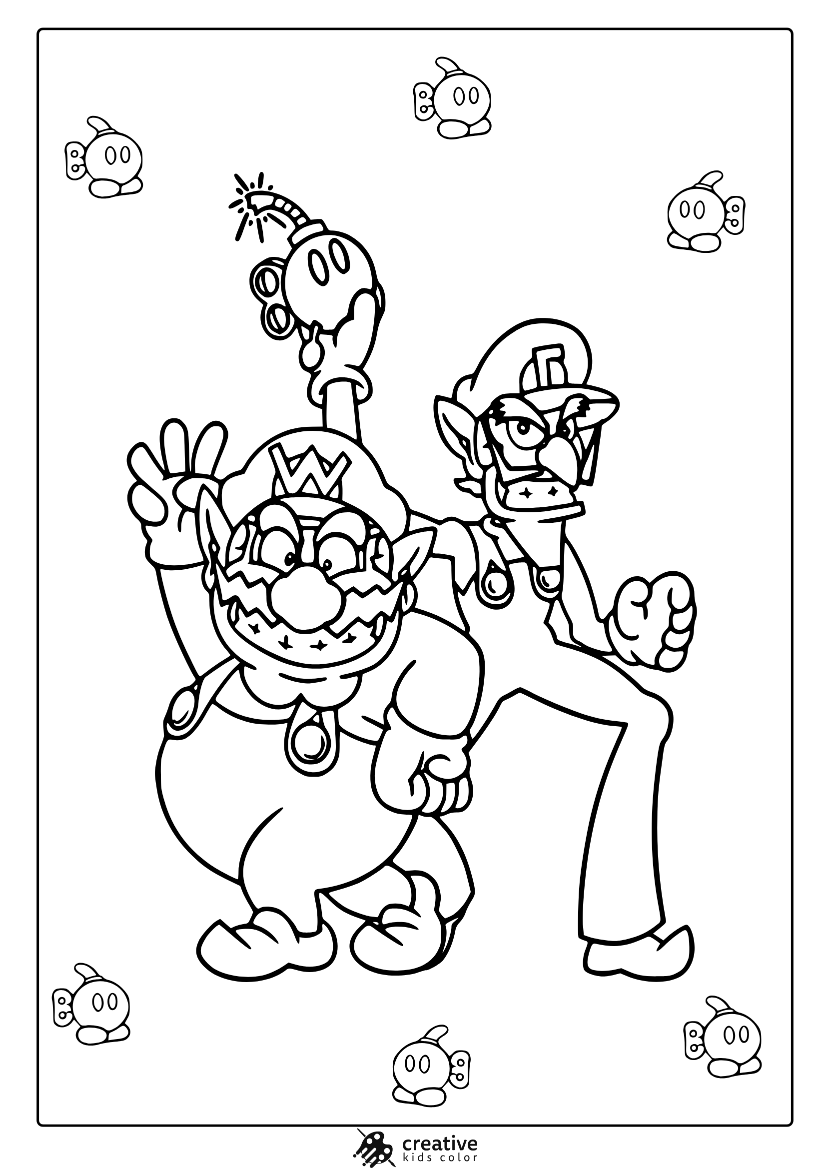 Coloring Page Of Wario And Waluigi With Cartoon Bombs And Playful Expressions.