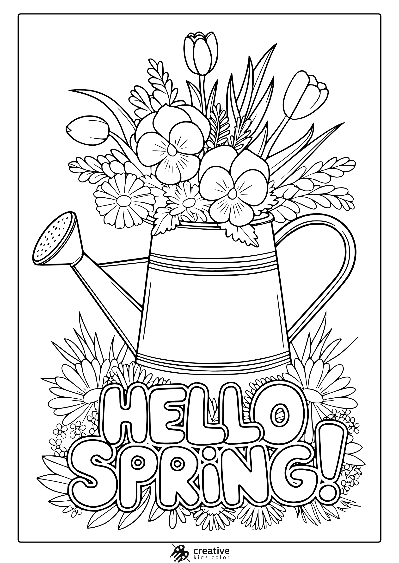 Spring-Themed Coloring Page With A Watering Can Full Of Flowers And &Quot;Hello Spring!&Quot; Text, Perfect For A Fun Coloring Activity.