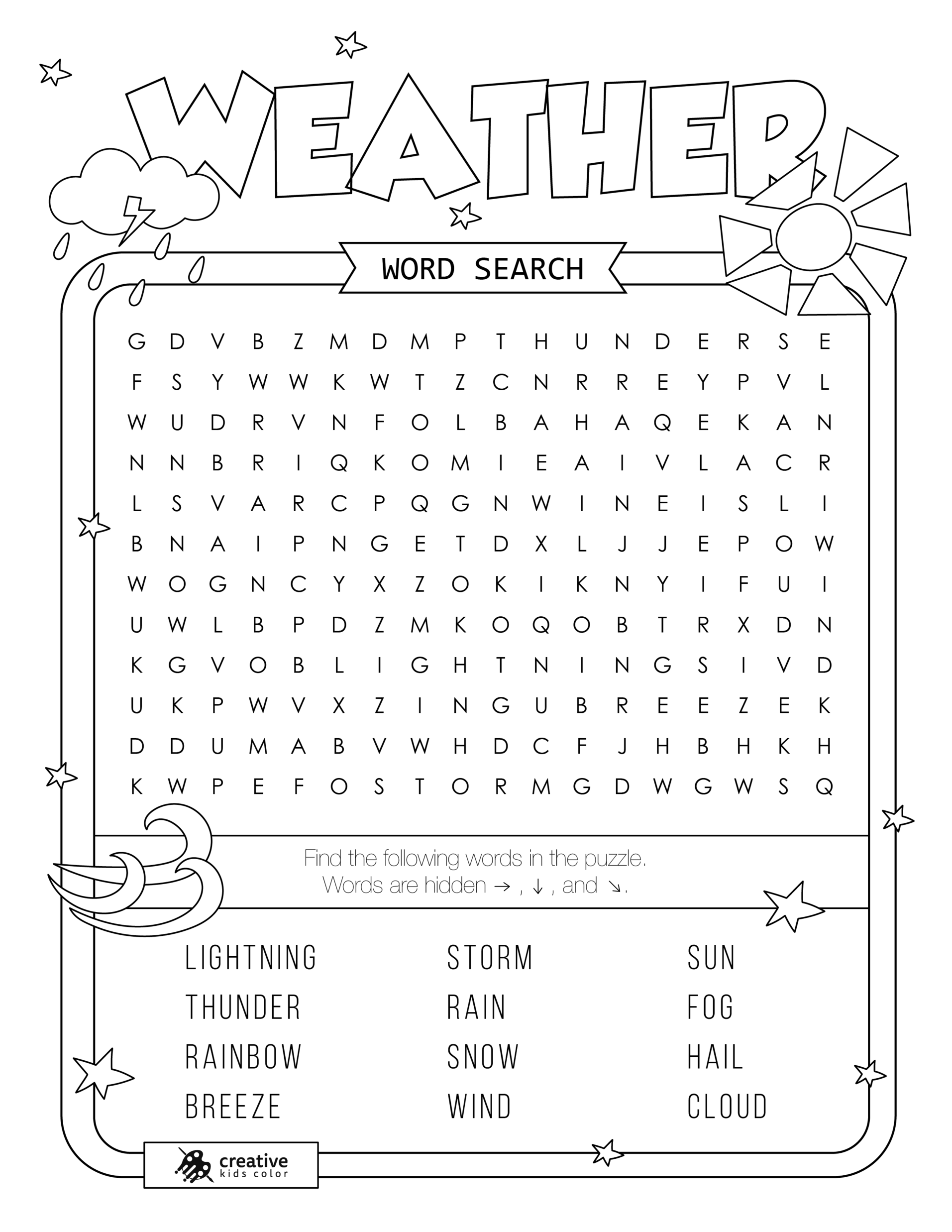 Free printable Weather word search puzzle with 12 words from sun to rainbow.