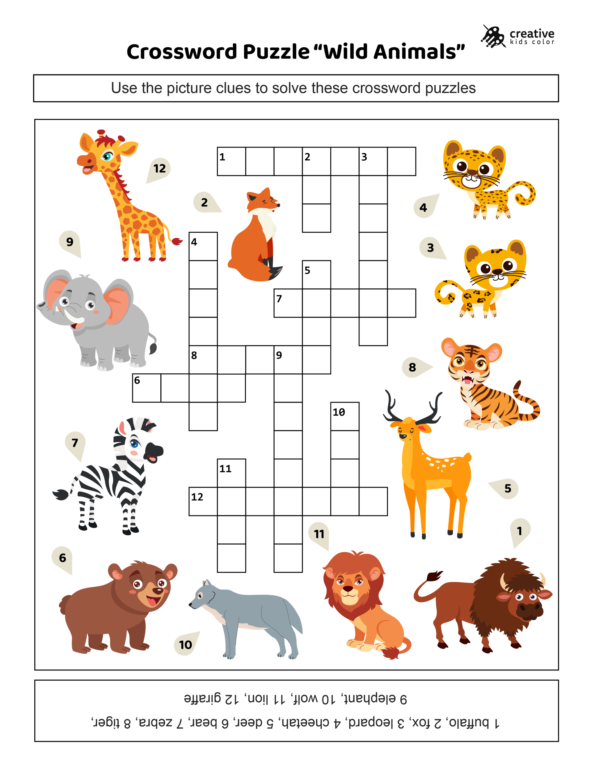 Free printable wild animals crossword puzzle for kids and adults.
