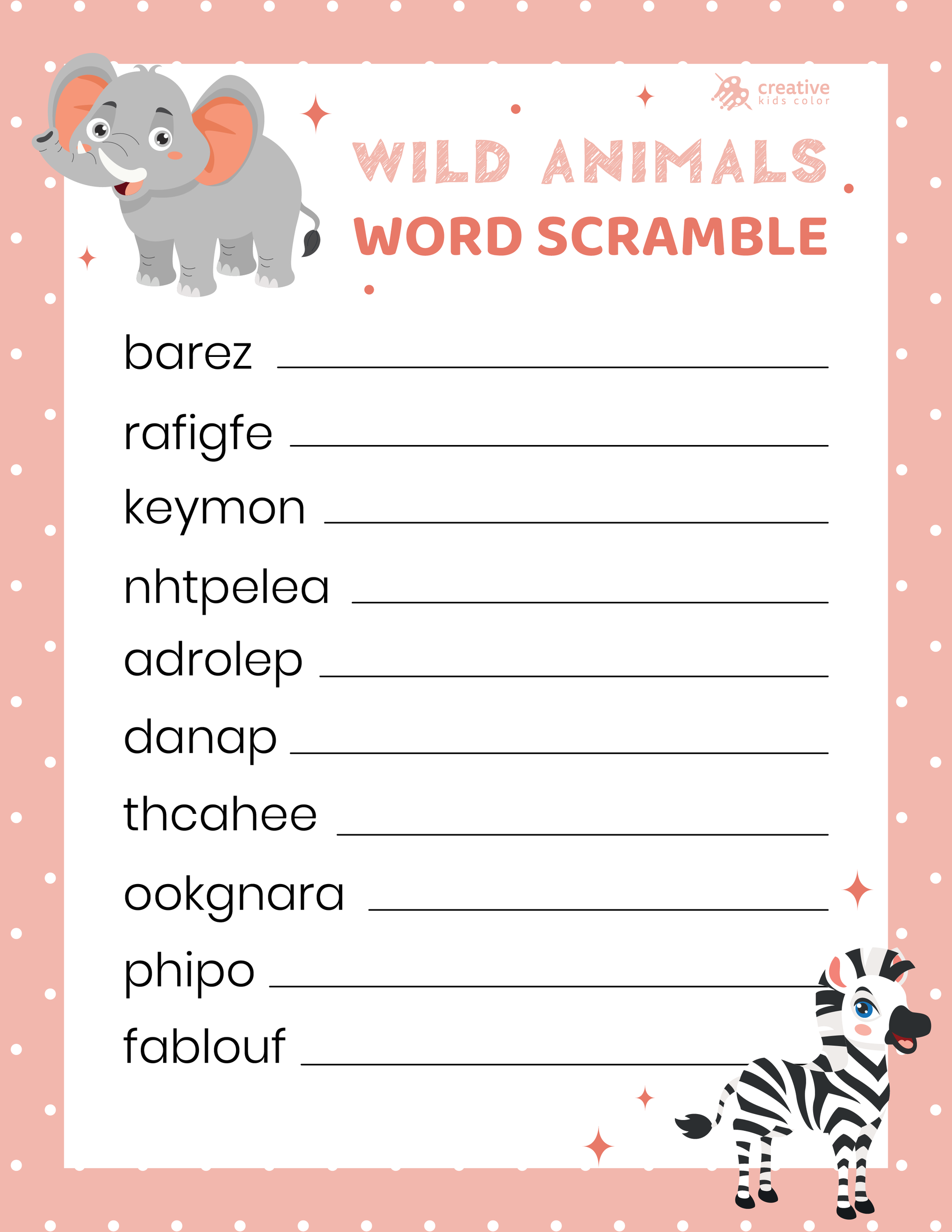 Free printable Wild Animals Word Scramble for adults and kids who love wildlife challenges.
