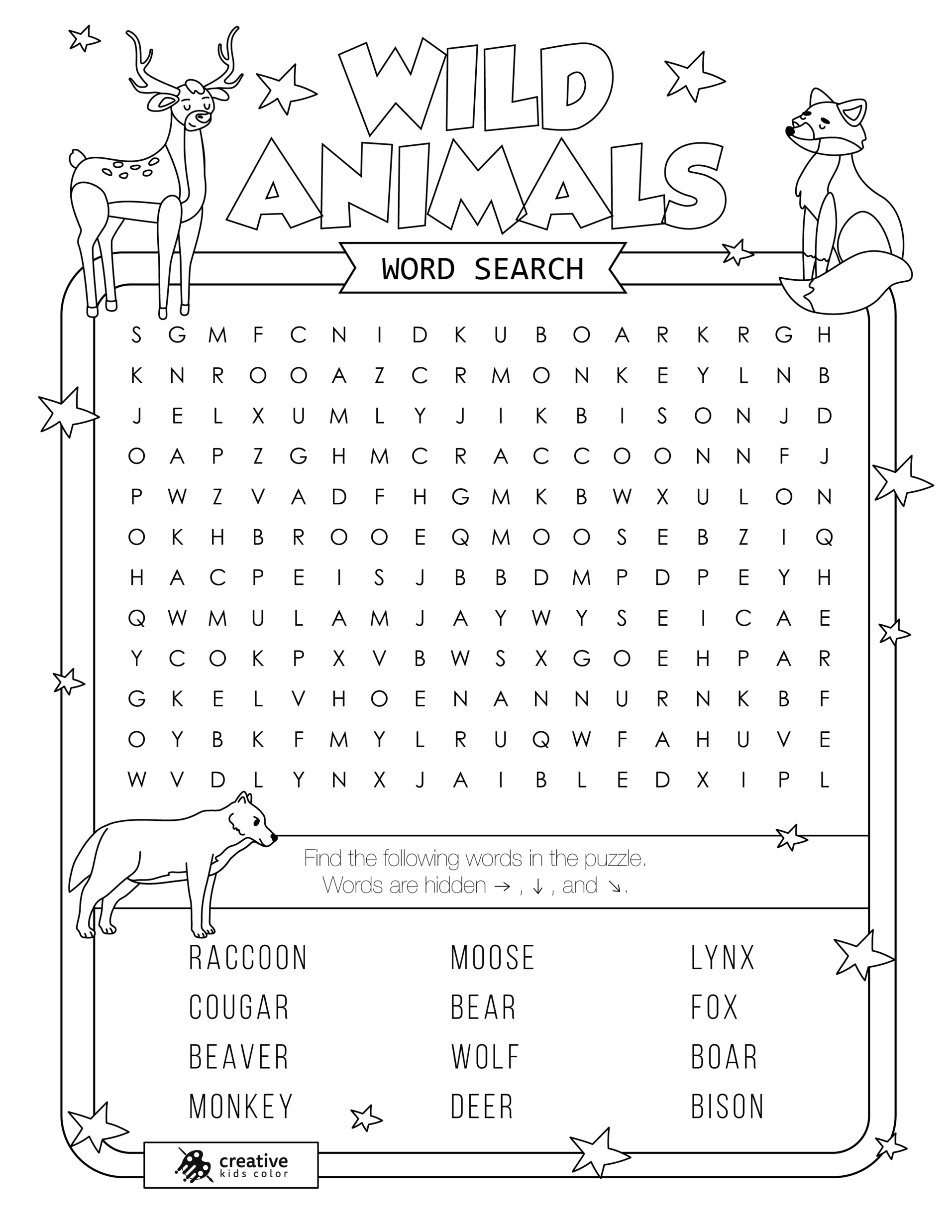 Free printable Wild Animals word search puzzle with 12 animals from bear to monkey.