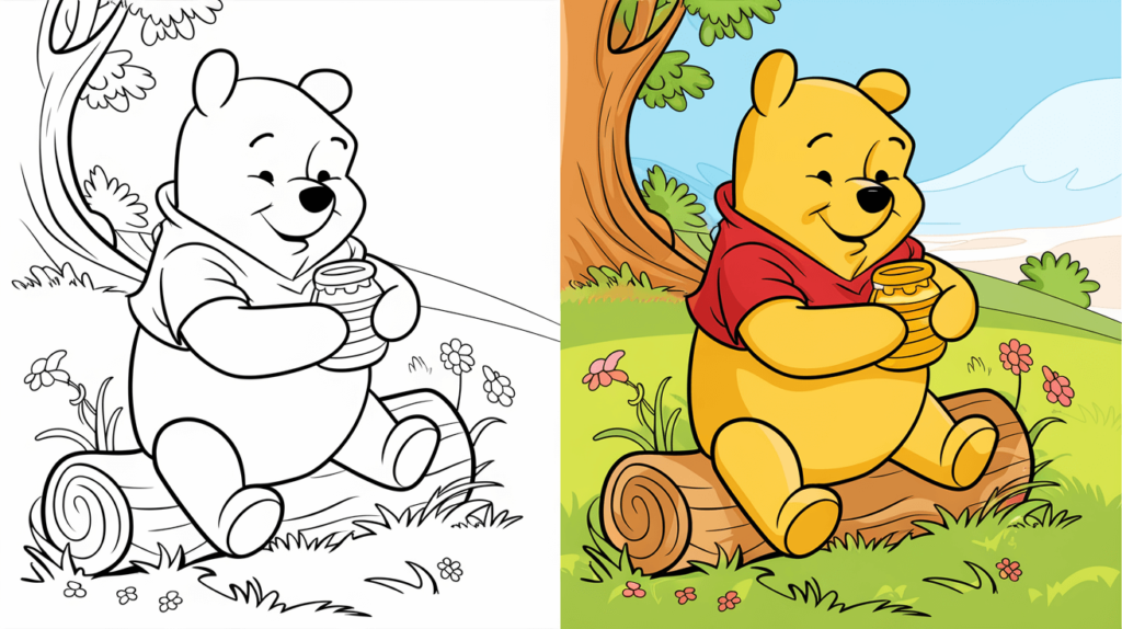 Winnie The Pooh Coloring Page Cover, Left Side Is Black And White, Right Side Is Colored With A Fun, Nature-Filled Scene.
