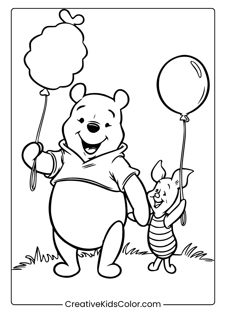 A Joyful Coloring Page Of Pooh And Piglet With Heart-Shaped Balloons Coloring Page.