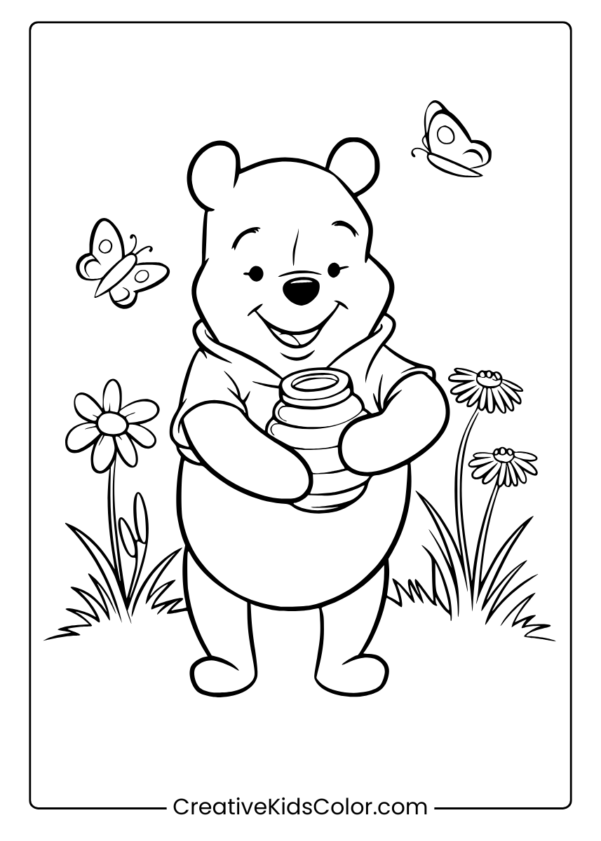 Pooh In A Meadow, Holding Honey And Enjoying The Peaceful Atmosphere Coloring Page.