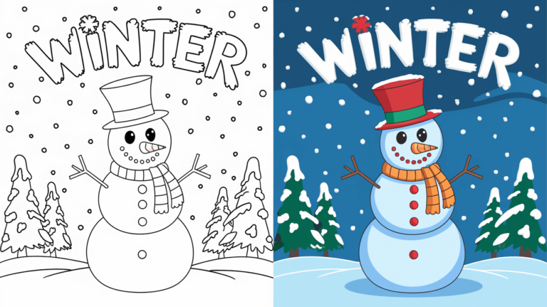 Coloring Page Cover Of January, Left Side In Black And White, Right Side Colored In A Fun, Snowy Scene.