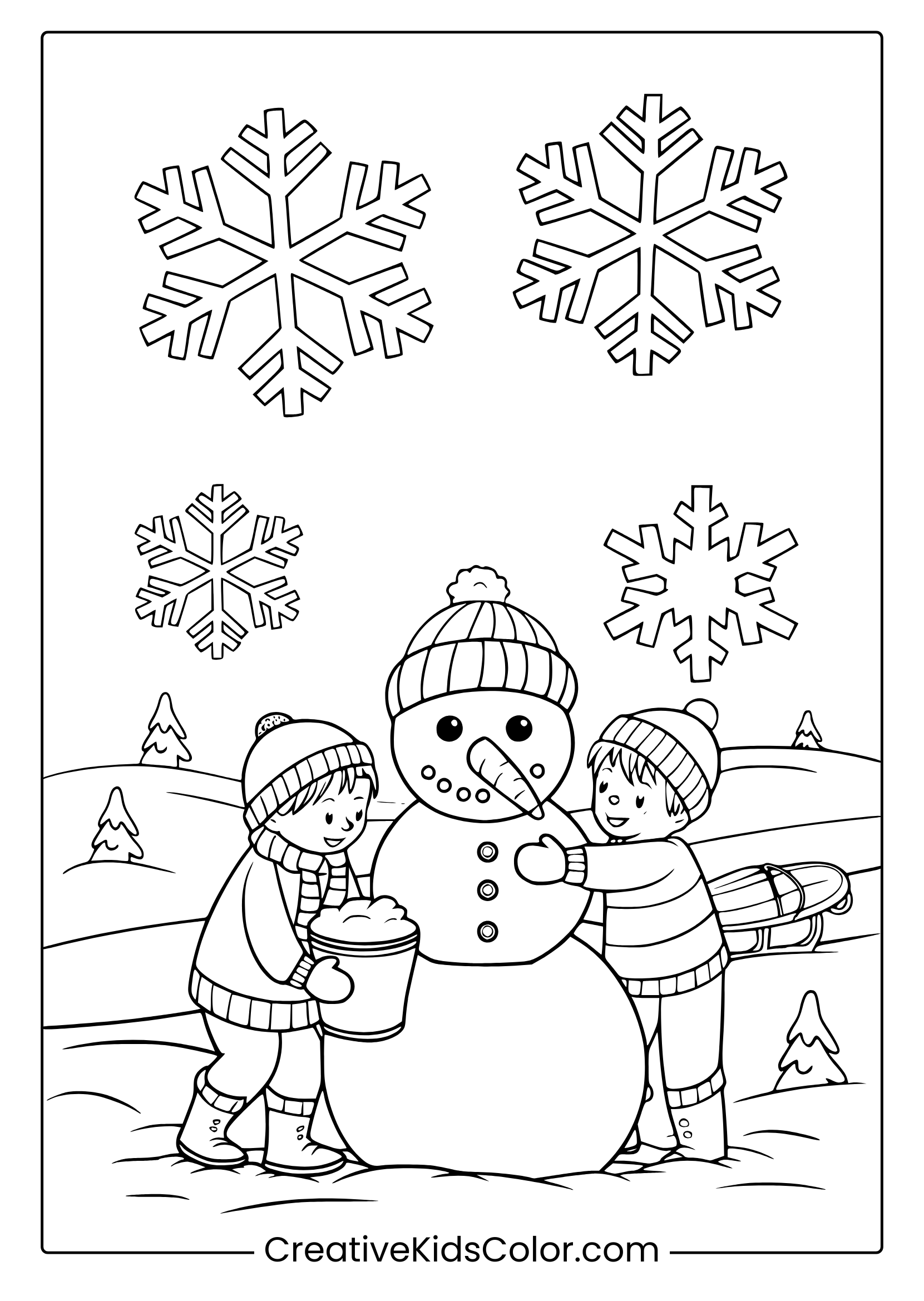 A Fun Winter Scene With Two Kids And A Snowman, Perfect For February Coloring Activities.