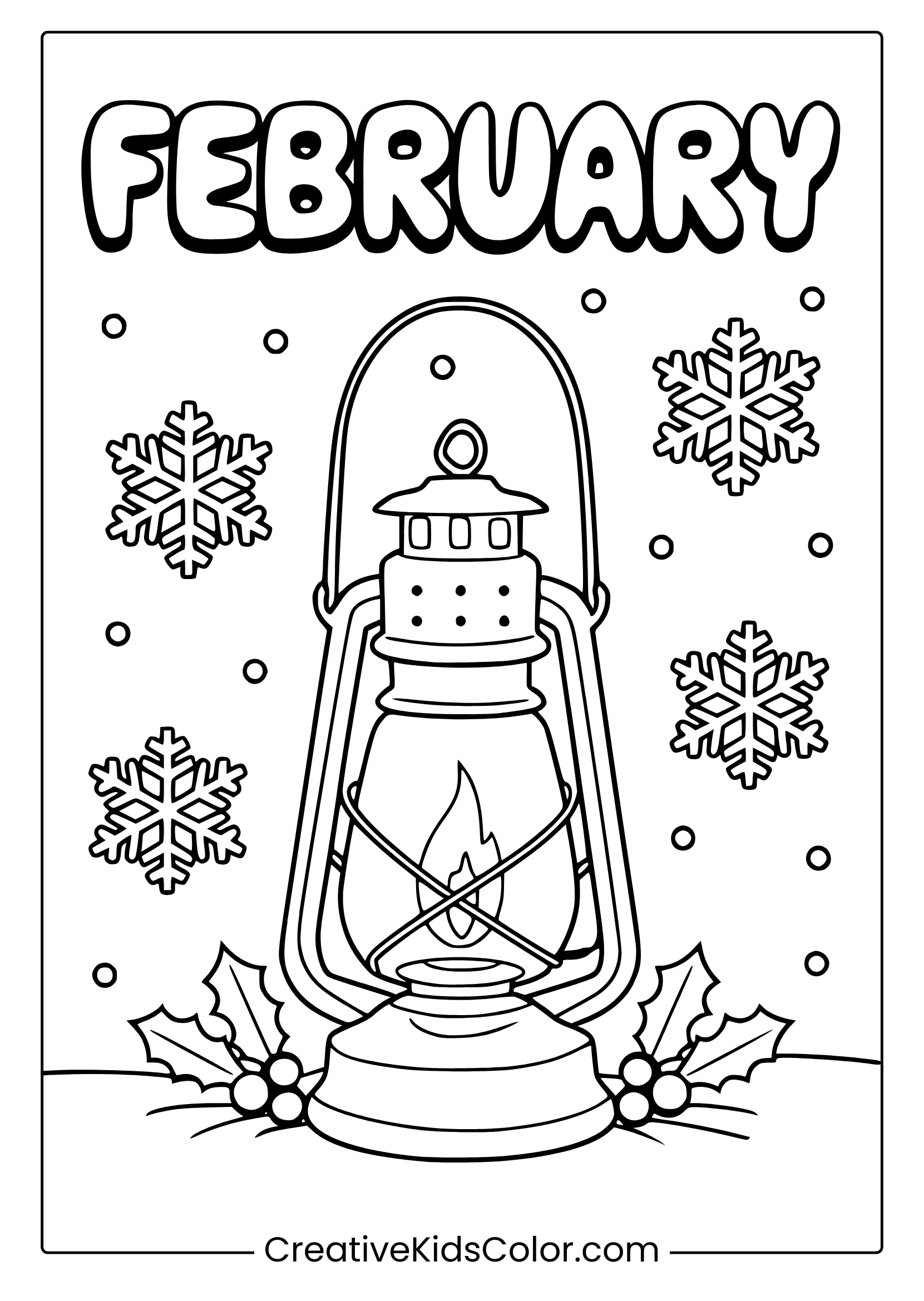 A Winter Coloring Page Featuring A Lantern On Snow With Snowflakes And Holly Leaves, Perfect For February.