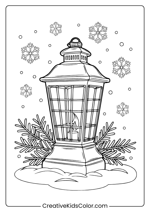 Winter Lantern Coloring Page With A Lit Lantern, Snowflakes, And Pine Branches In A Snowy Setting.