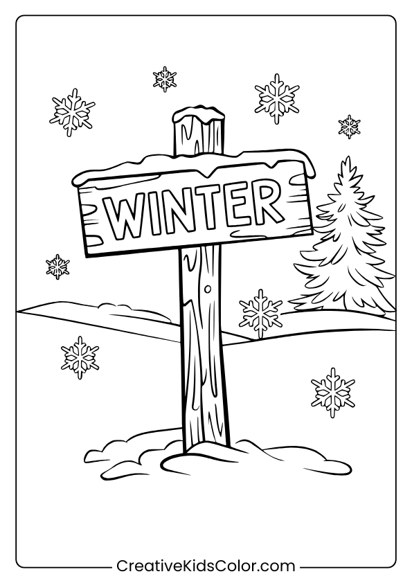 Winter Signpost Coloring Page With A Snow-Covered Wooden Post, Snowflakes, And A Pine Tree For A Winter Theme.