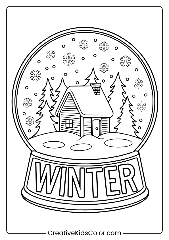 Winter Snow Globe Coloring Page With A House, Snowy Trees, And Snowflakes For Detailed Winter Coloring.