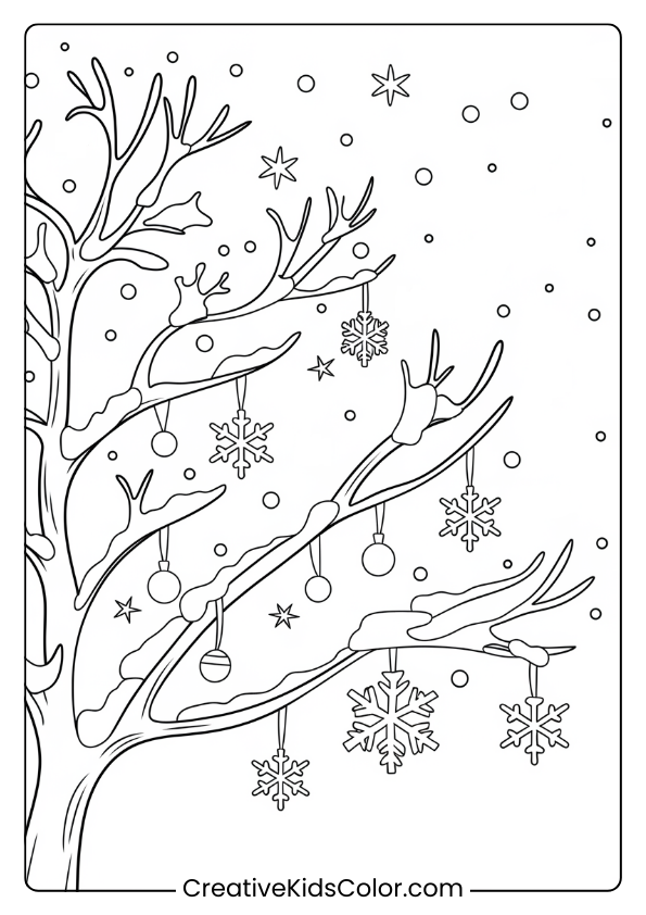 Winter Tree Coloring Page With Ornaments And Snowflakes For A Festive Winter Coloring Activity.