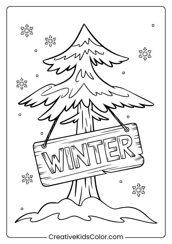 Winter Tree Coloring Page With A Snowy Tree And &Quot;Winter&Quot; Sign Surrounded By Snowflakes In A Serene Scene.